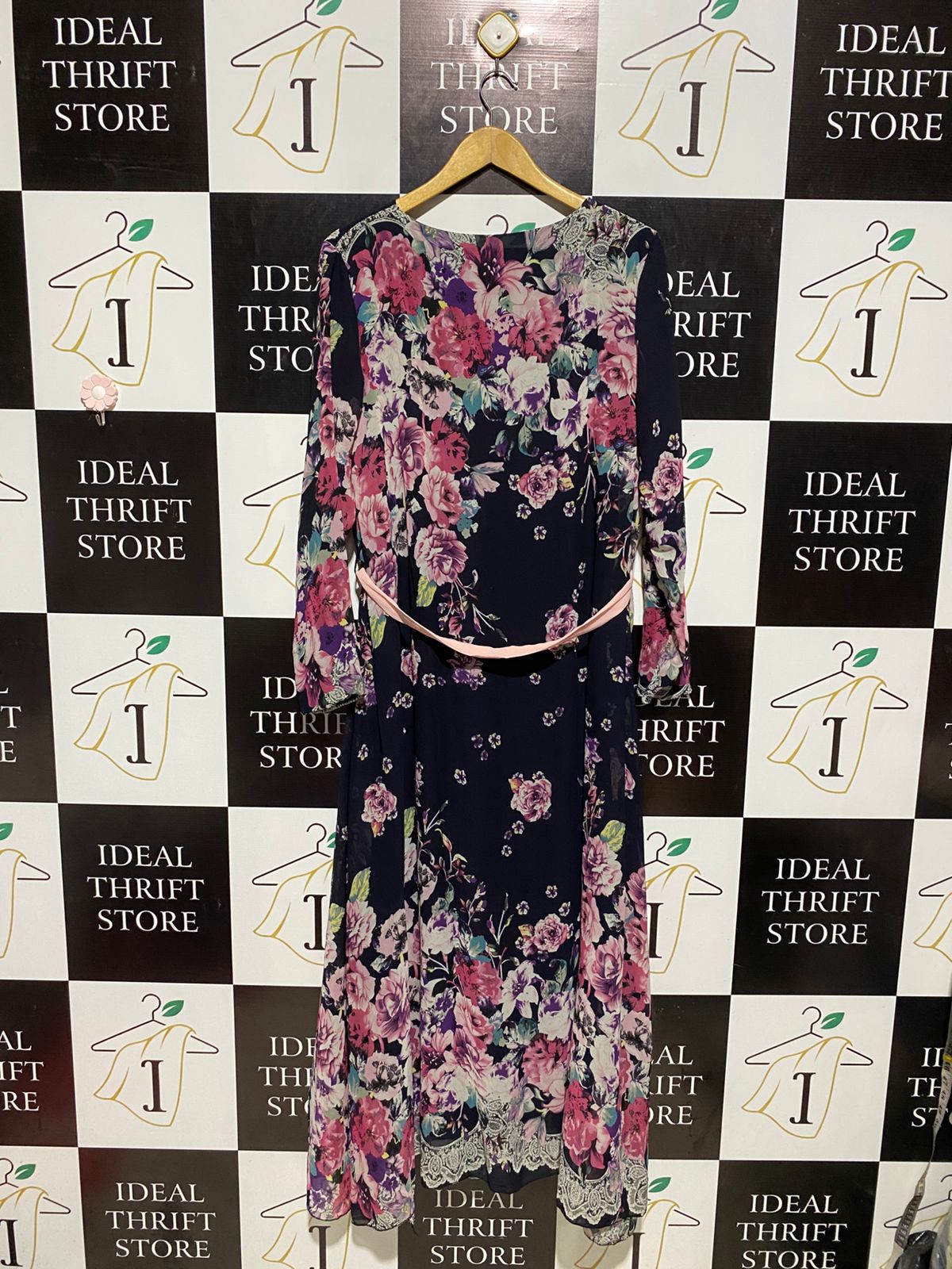 |L| BUST 21| B3| VINTAGE-INSPIRED FLORAL MAXI DRESS WITH LACE SHOULDERS AND PINK WAIST TIE
