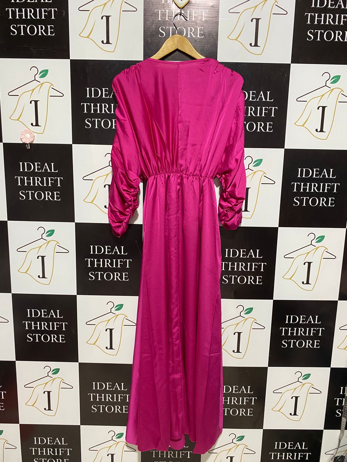 Women's Fuchsia Pink Satin V-Neck Ruched Sleeve Maxi Dress |M| BUST FREE| B3|