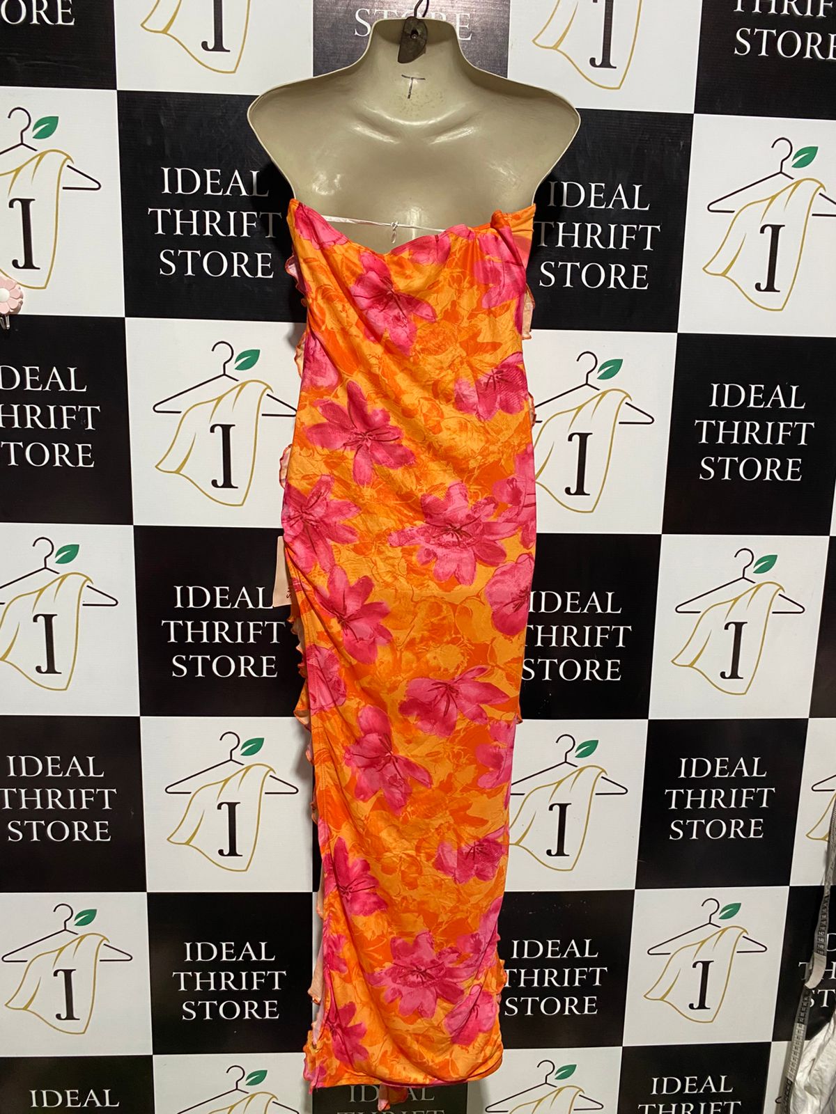 SHEIN |M| BUST 14| B2| VIBRANT TROPICAL FLORAL RUFFLE MAXI DRESS | PINK & ORANGE STRAIPLESS GOWN