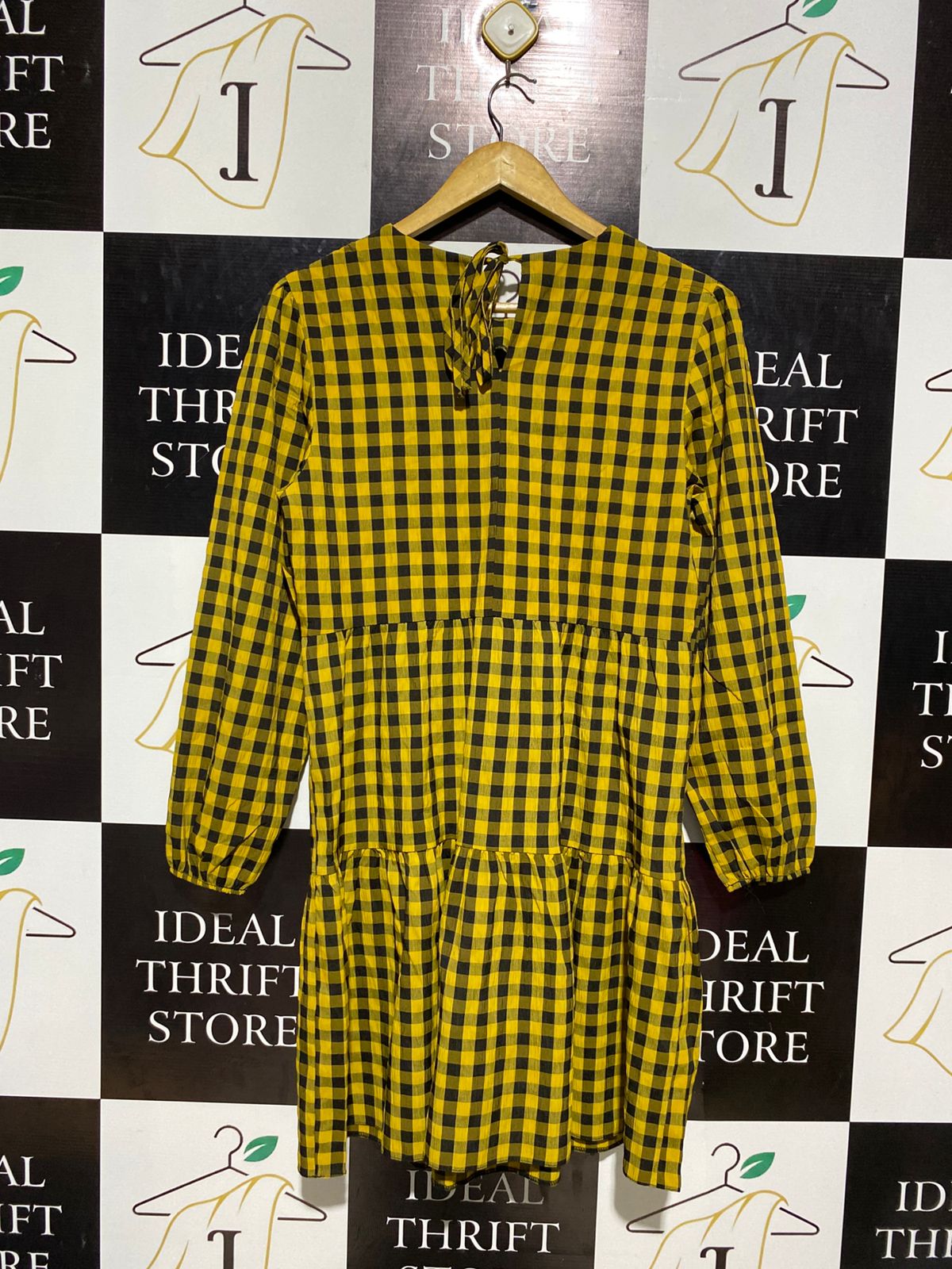NEW LOOK |M| BUST 18| B3| MUSTARD YELLOW AND BLACK GINGHAM CHECK TIRED MINI DRESS
