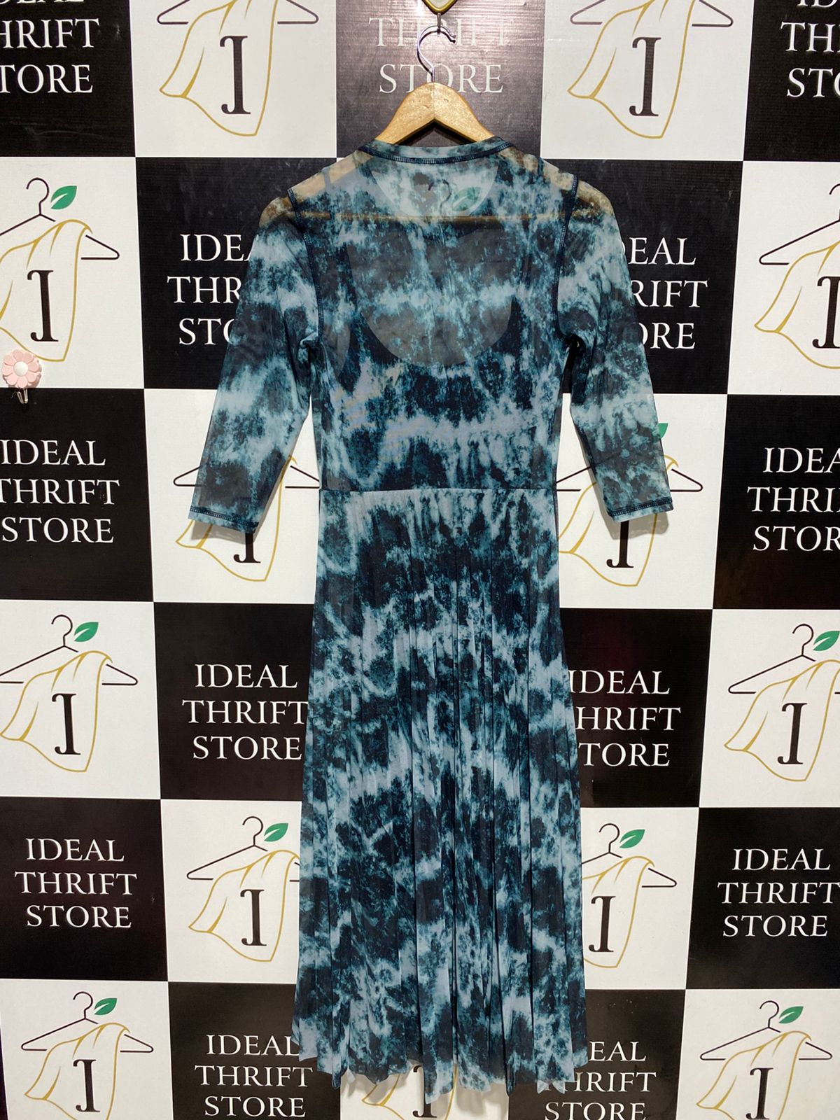 REDHER RING |S| BUST 14|B3| DARK TEAL AND WHITE TIE-DYE MESH MIDI DRESS
