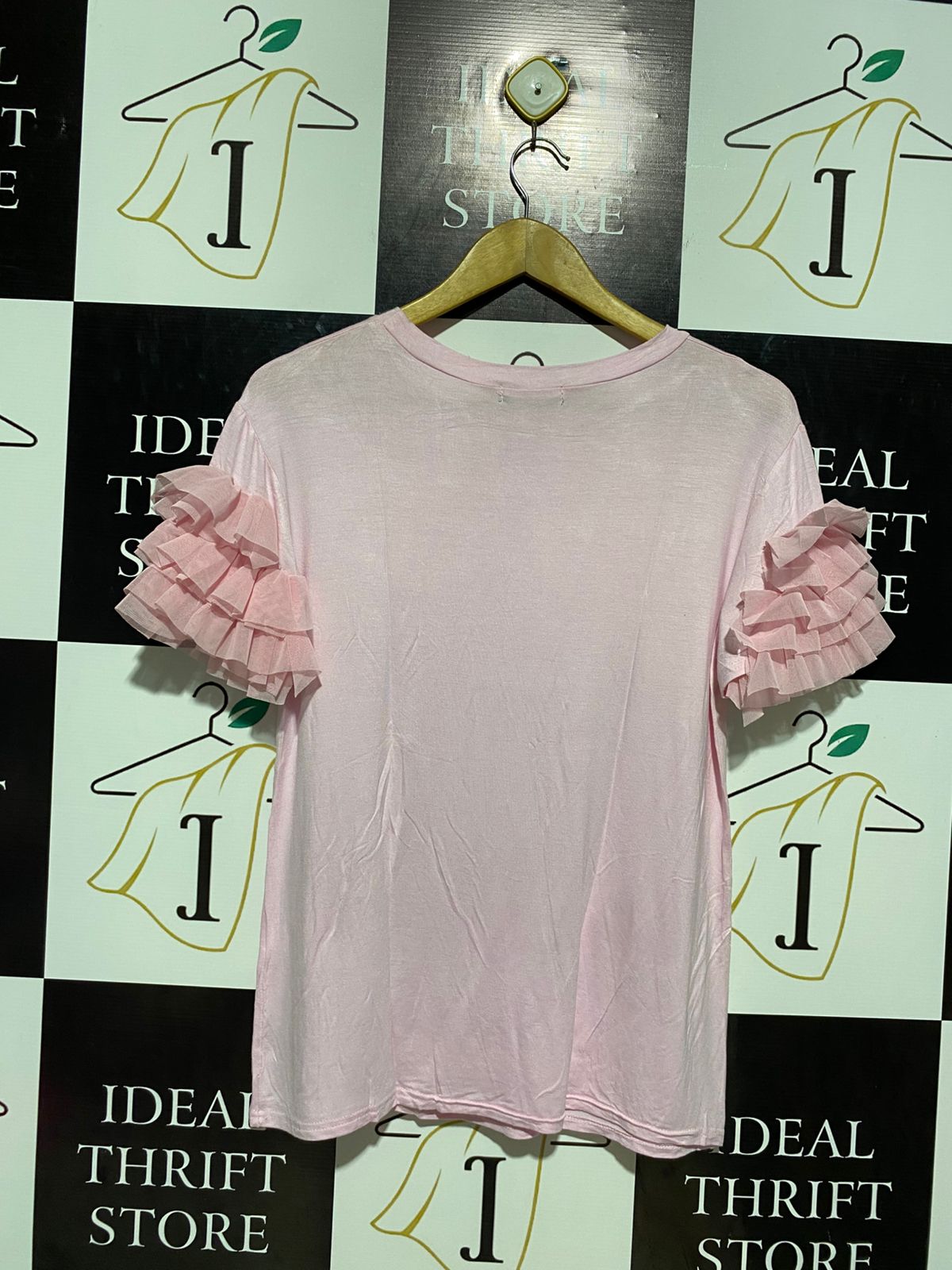 FEELING |L| BUST 20| B3| BABY PINK RUFFLE TIERED SLEEVE GRAPHIC T-SHIRT
