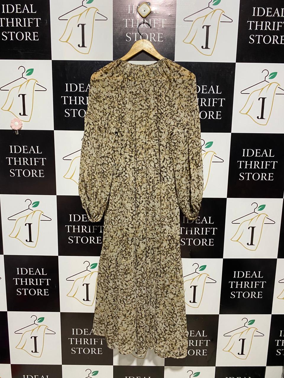 H&M |L| BUST 22| B3| ELEGANT EARTH-TONE PRINTED TIERED MIDI DRESS - LONG SLEEVE