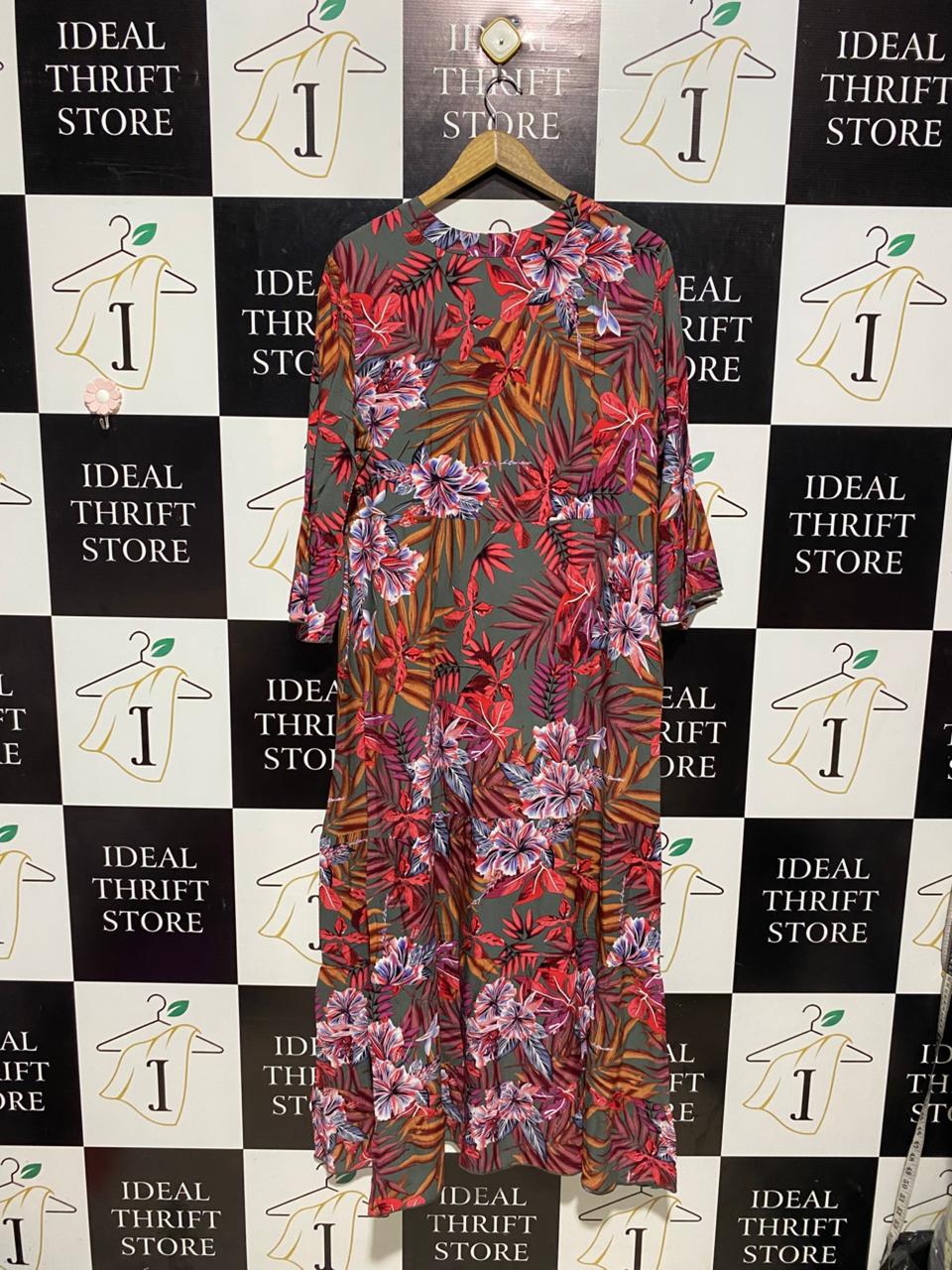 BODY FLIRT |L| BUST 22| B3| VIBRANT TROPICAL BOTANICAL PRINT TIERED MIDI DRESS RUFFLE SLEEVE