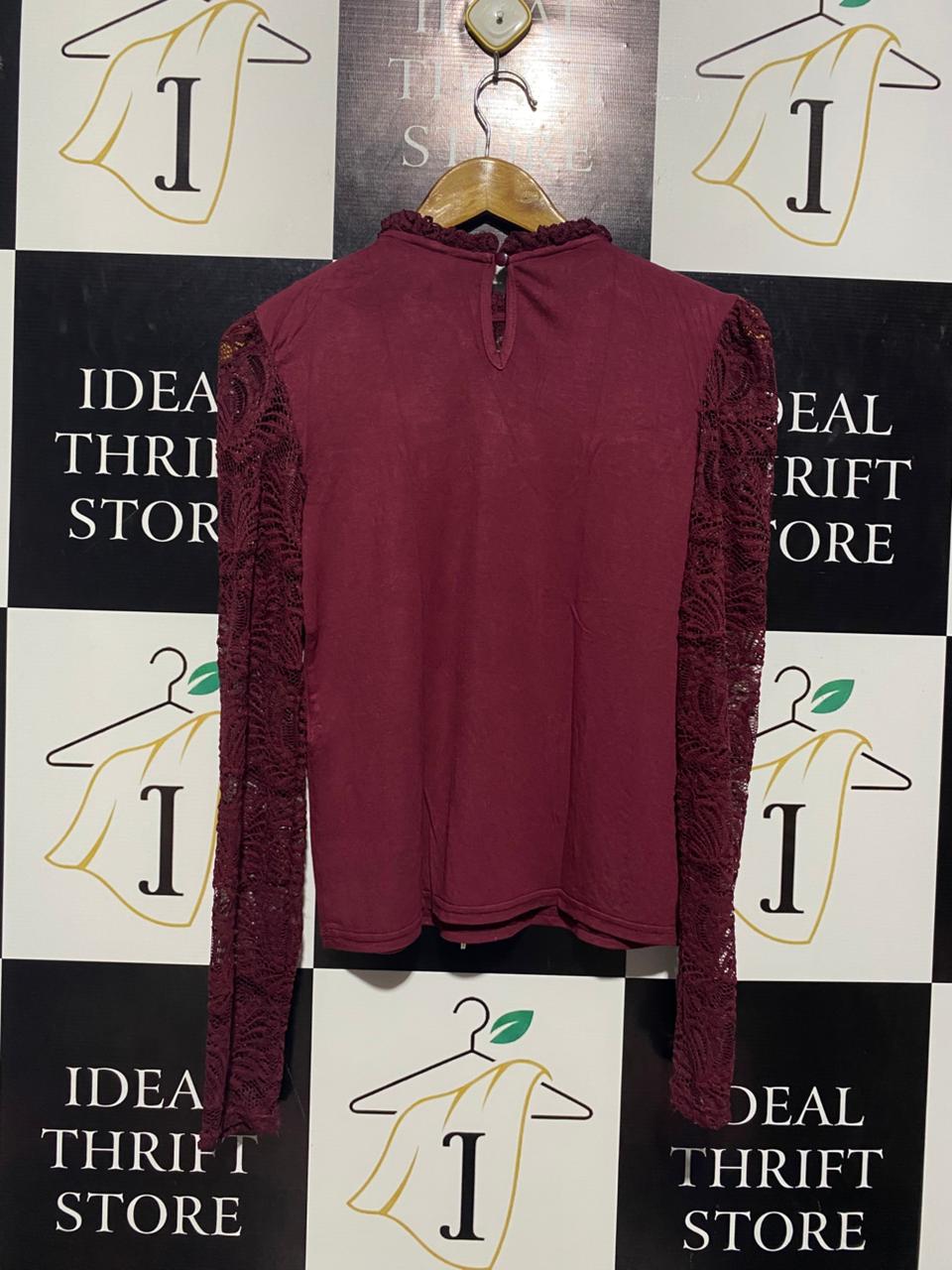 NEW LOOK |M| BUST 17| B3| BURGUNDY LACE-SLEEVE MOCK NECK TOP