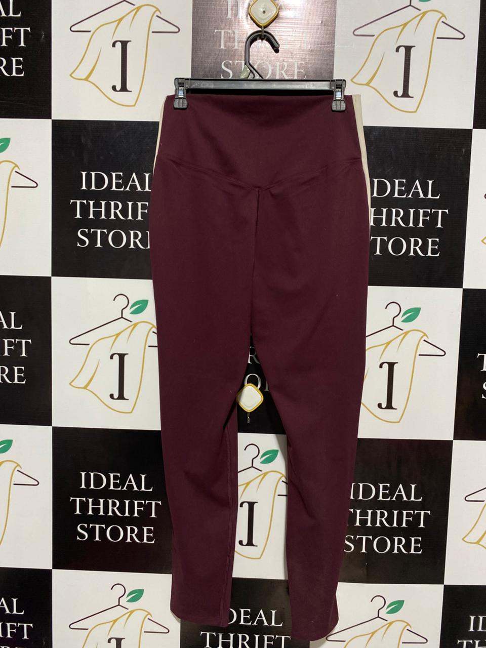 Women's High-Waisted Athletic Leggings - Maroon with Cream Side Stripe |L| WAIST 28| B3|