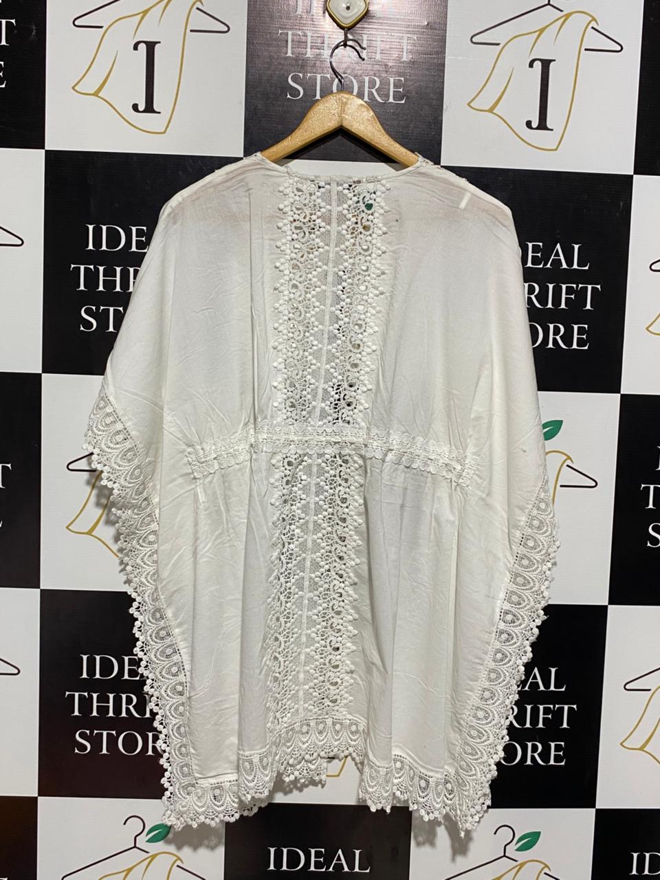 M&S |S| BUST FREE| B4| WHITE CROCHET LACE EMBROIDERED KAFTAN COVER-UP