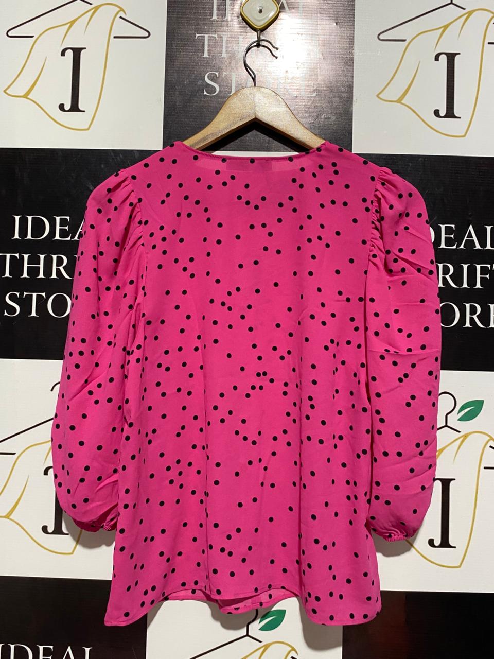 M&S |M| BUST 18| B4| PINK POLKA DOT PUFF SLEEVE BUTTON-FRONT BLOUSE