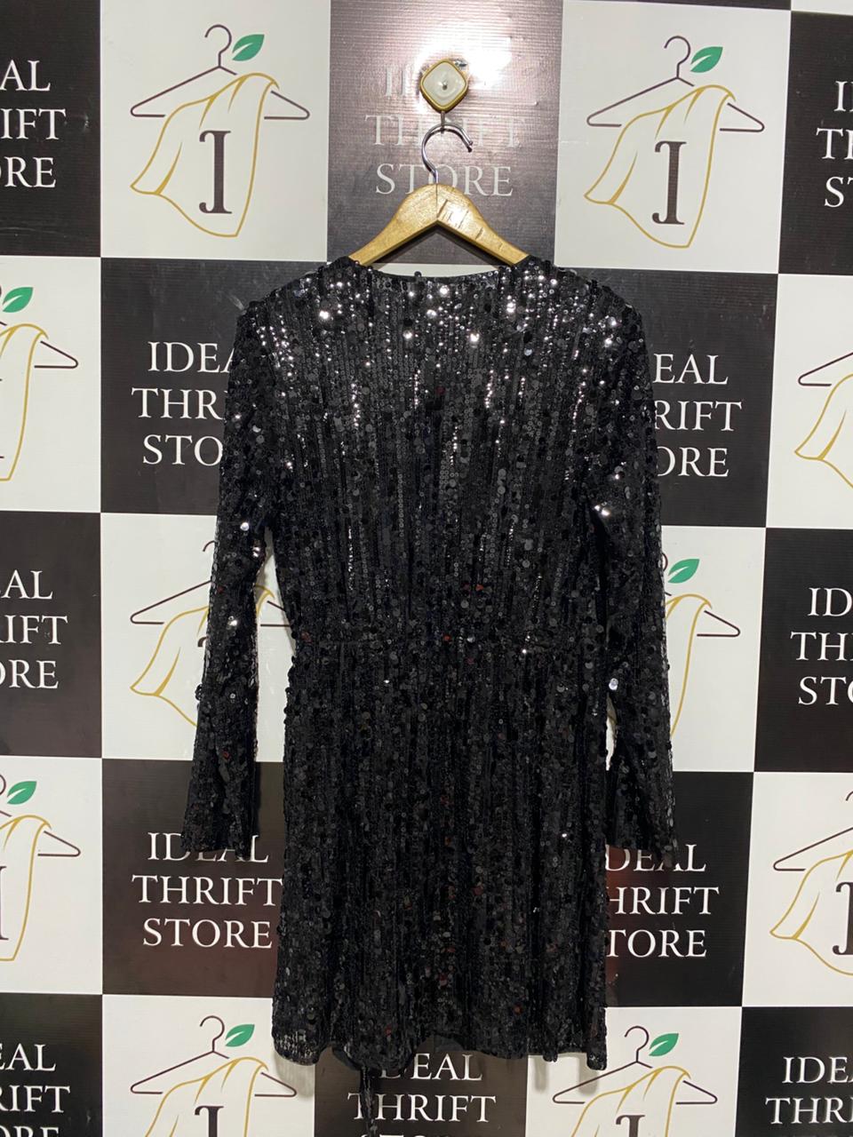 H&M |M| BUST 18| B4| BLACK FULL SEQUIN LONG SLEEVE MINI WRAP DRESS WITH TIE WAIST