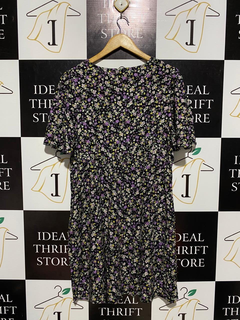 GEORGE |L| BUST 19| B4| PURPLE & YELLOW DITSY FLORAL V-NECK TEA DRESS WITH TIE FRONT