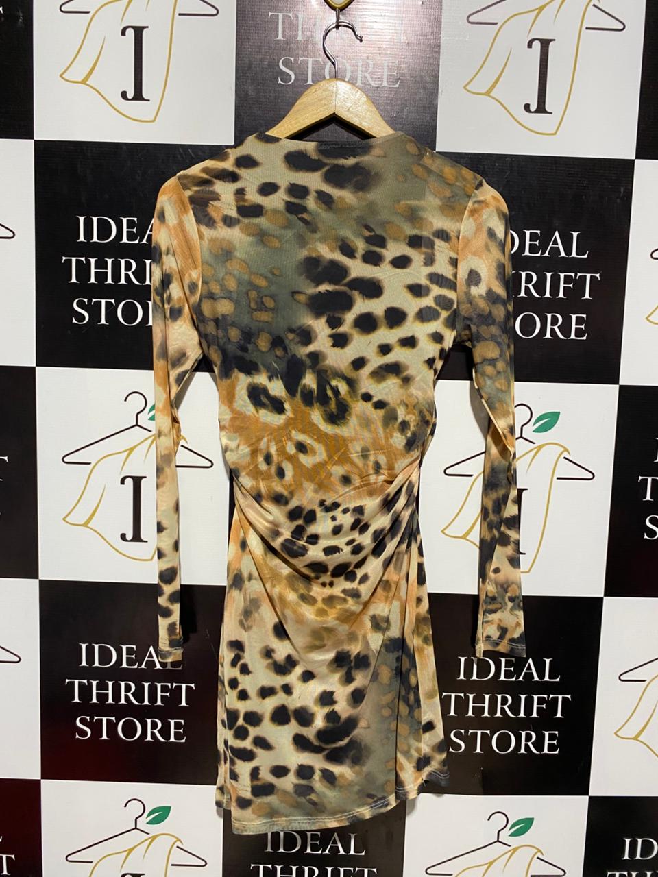 PRIMARK |S| BUST 15| B4| LEOPARD PRINT MESH LONG SLEEVE RUCHED MINI DRESS