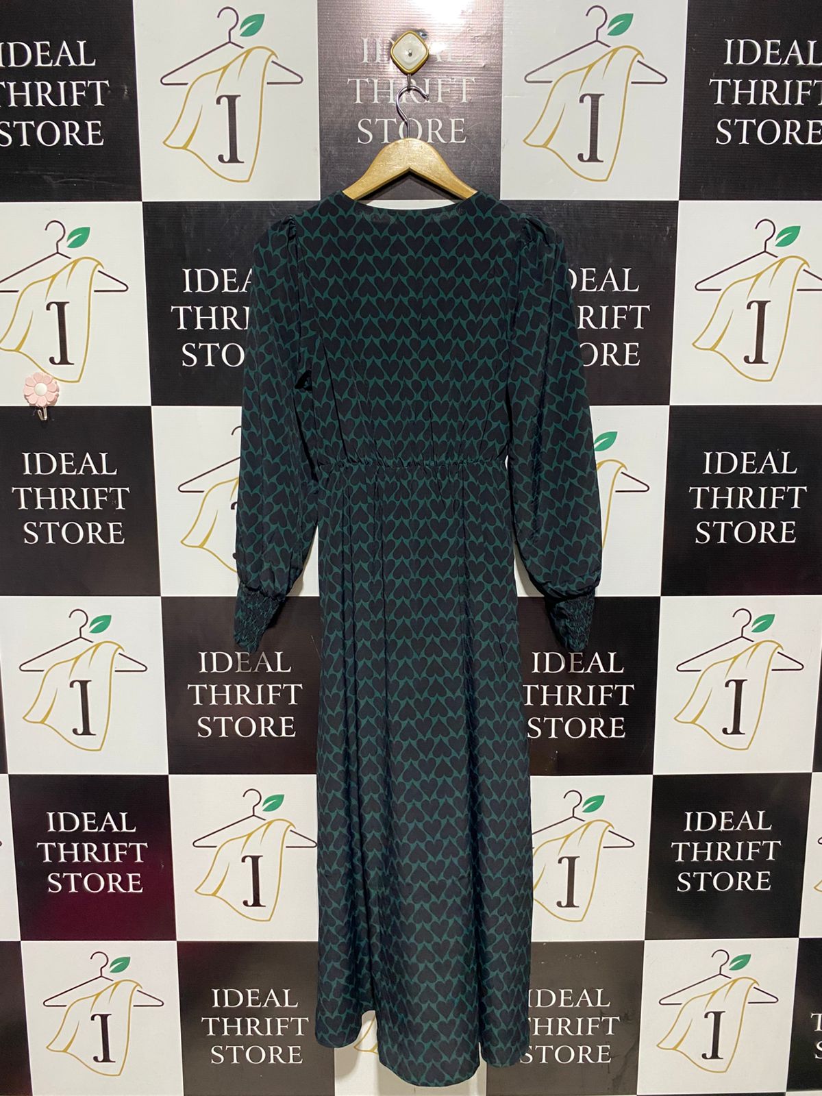 NEW LOOK |M| BUST 16| B4| DARK GREEN HEART PRINT BUTTON-FRONT MIDI DRESS