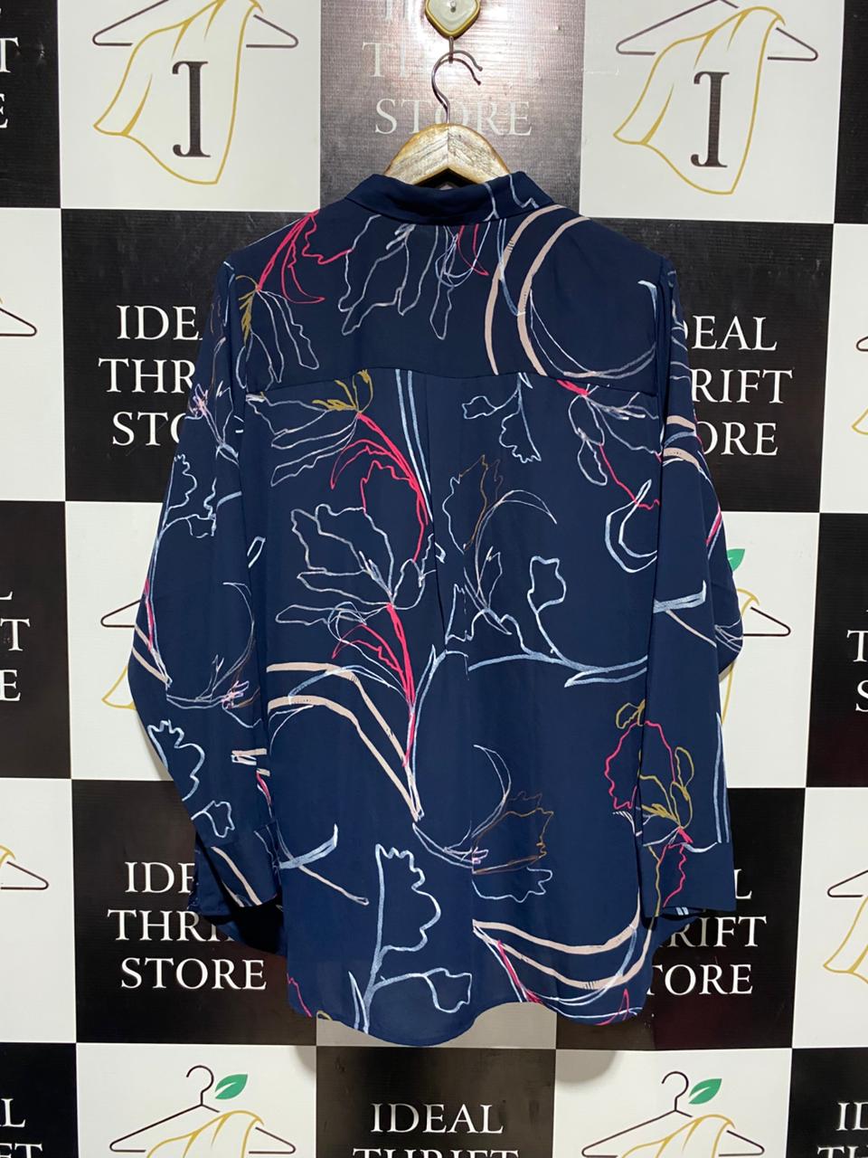 M&S |XL| BUST 25| B4| NAVY BLUE ABSTRACT FLORAL LONG-SLEEVE BUTTON-DOWN BLOUSE