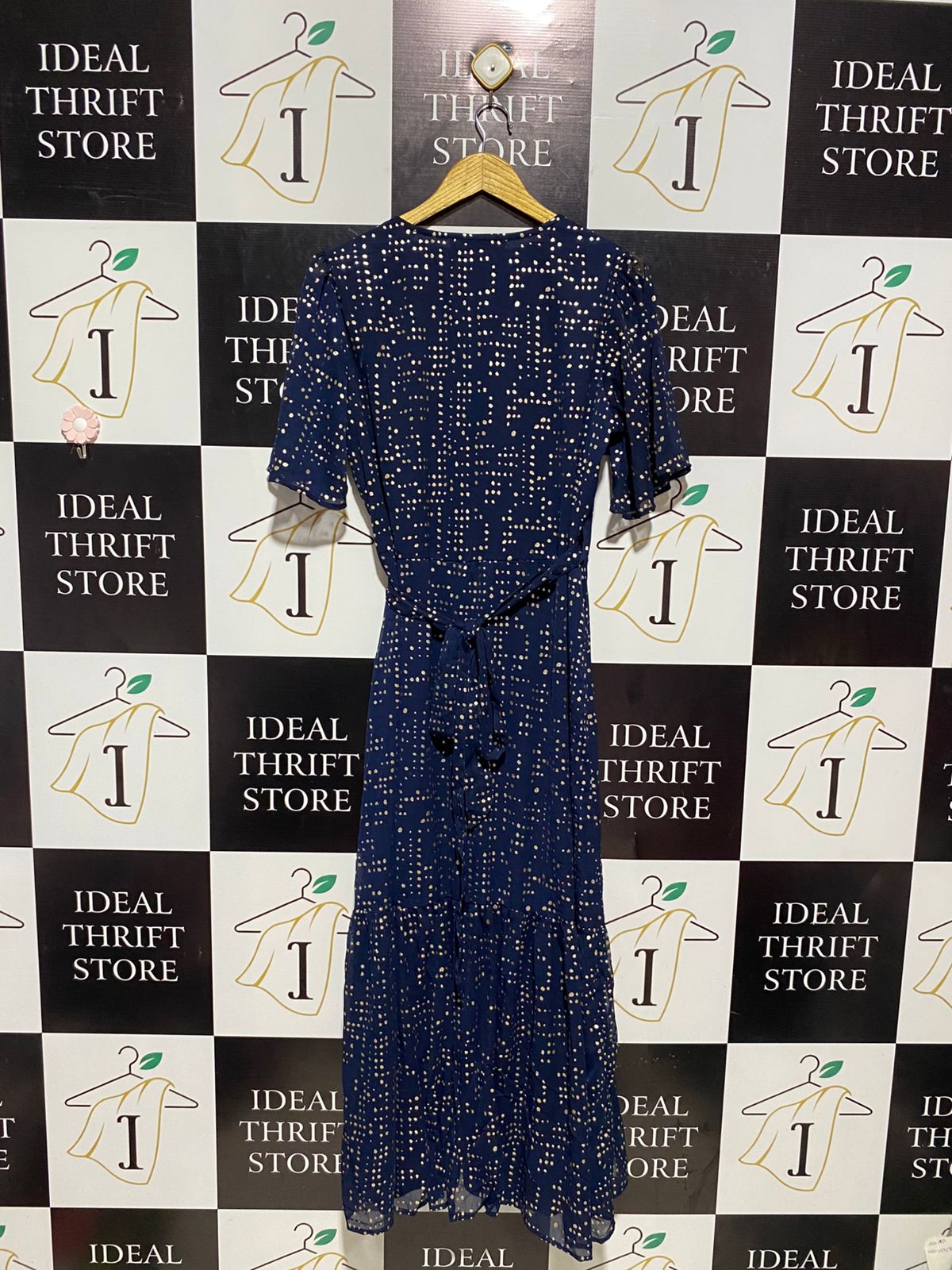 LONDON |XL| BUST 19| B4| V-NECK NAVY BLUE METALLIC GOLD FOIL MIDI WRAP DRESS