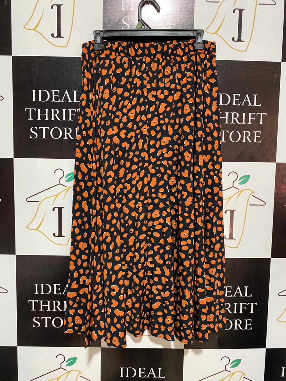 DOROTHY PERKINS |L| WAIST 30| B5| VIBRANT ORANGE AND BLACK LEOPARD PRINT MIDI SKIRT