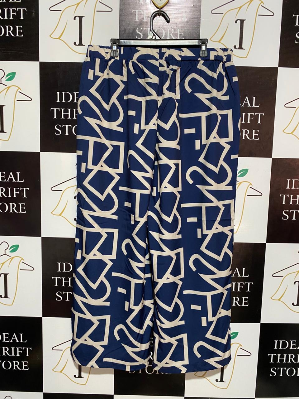 SHEIN |XL| WAIST 36| B5| NAVY BLUE ABSTRACT GEOMETRIC PRINT WIDE LEG PANTS