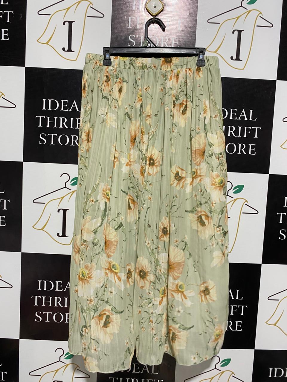 H&M |L| WAIST 32| B5| ELEGANT SAGE GREEN FLORAL PLEATED MAXI SKIRT