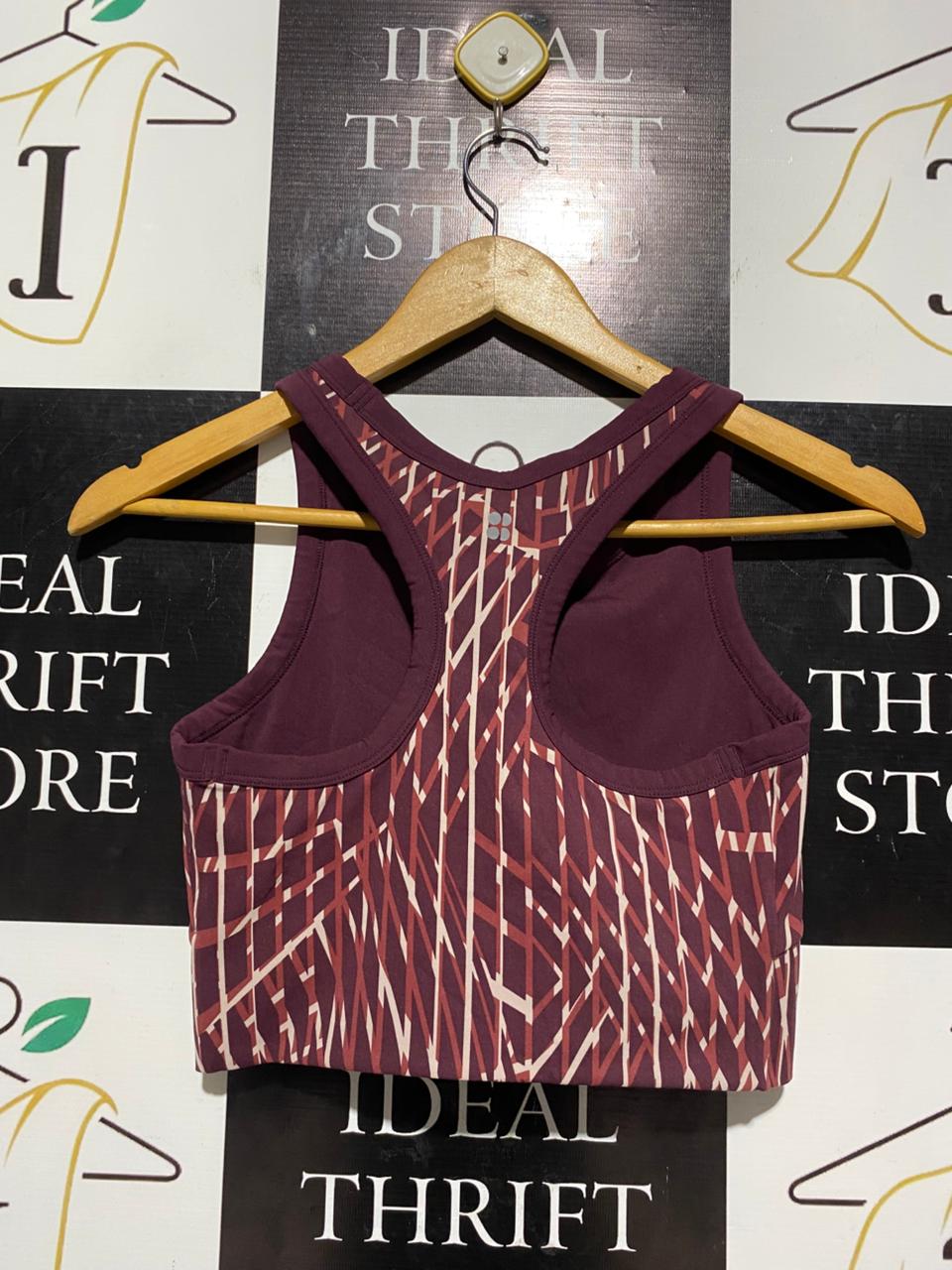 SWEATY BETTY |S| BUST 13|B5| ATHLETA POWER OF SHE PRINTED HIGH-NECK LONG-LINE SPORTS BRA – PLUM GINGHAM ABSTRACT