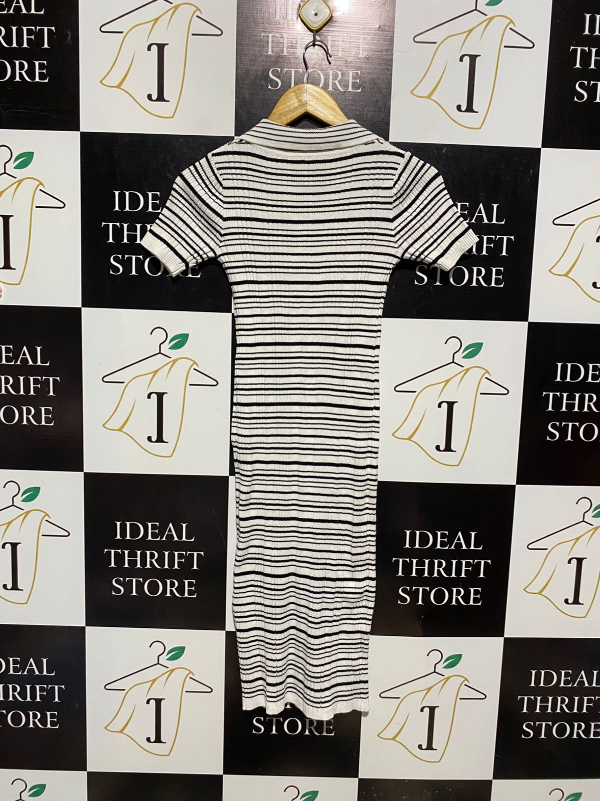 |XS| BUST 12| B6| STRIPED RIB-KNIT BUTTON-DOWN MIDI POLO DRESS