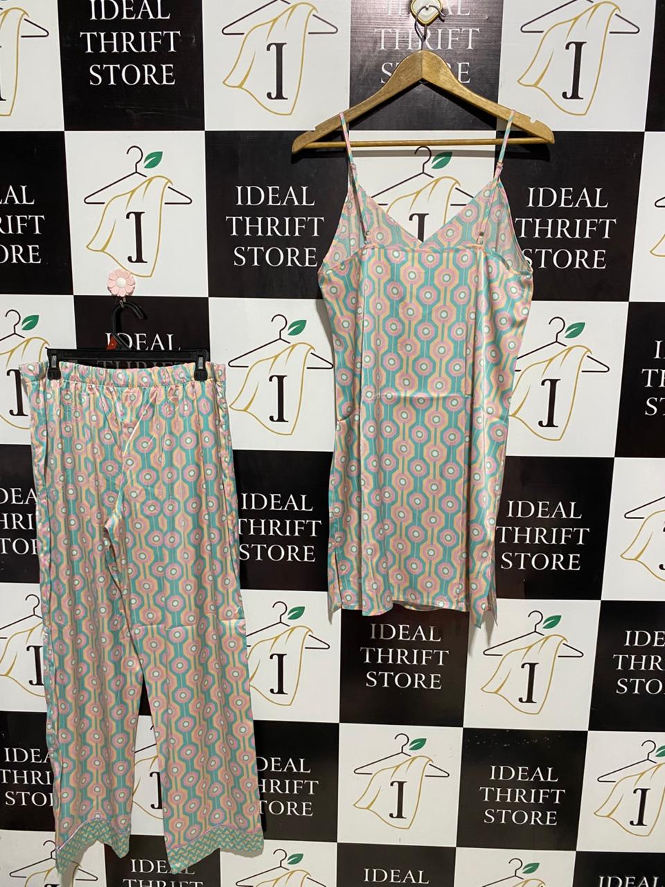 & ME |XL| B6| WOMEN'S TWO-PIECE RETRO GEOMETRIC PRINT SATIN PYJAMA SET