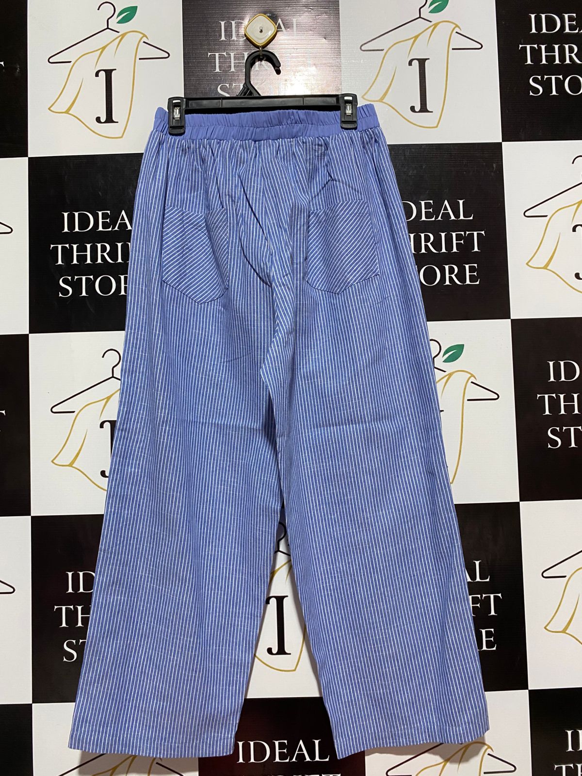 |M| WAIST 29| B7| BLUE PINSTRIPE WIDE-LEG TROUSERS WITH SIDE BUTTON