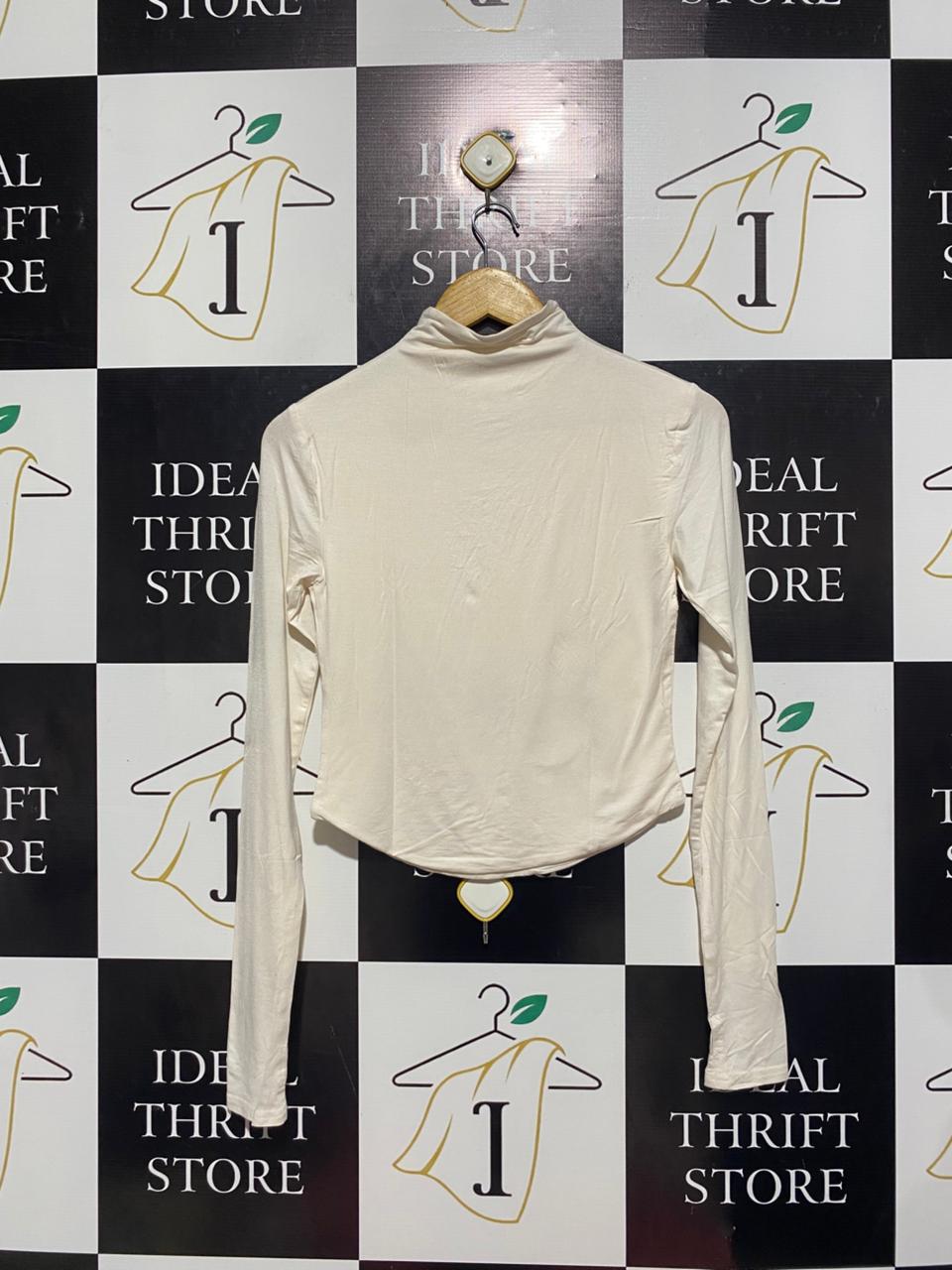 MESHKI |M| BUST 15| B7|MESHKI OFF-WHITE HIGH NECK LONG SLEEVE CORSET HEM TOP