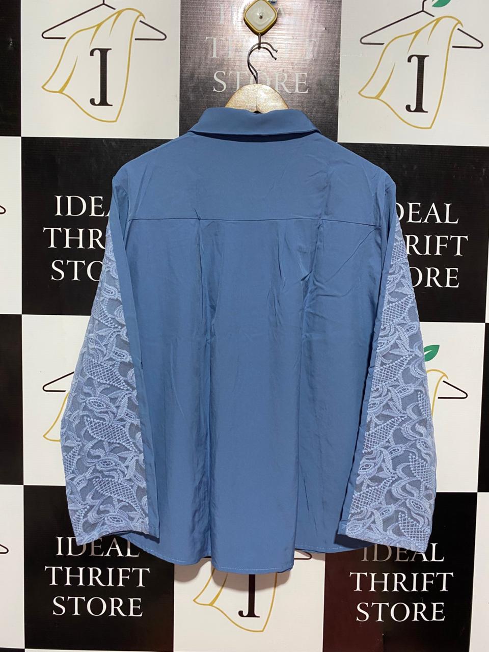 ELEGANT BLUE LACE PANEL BUTTON-DOWN BLOUSE |XL| BUST 24| B8|