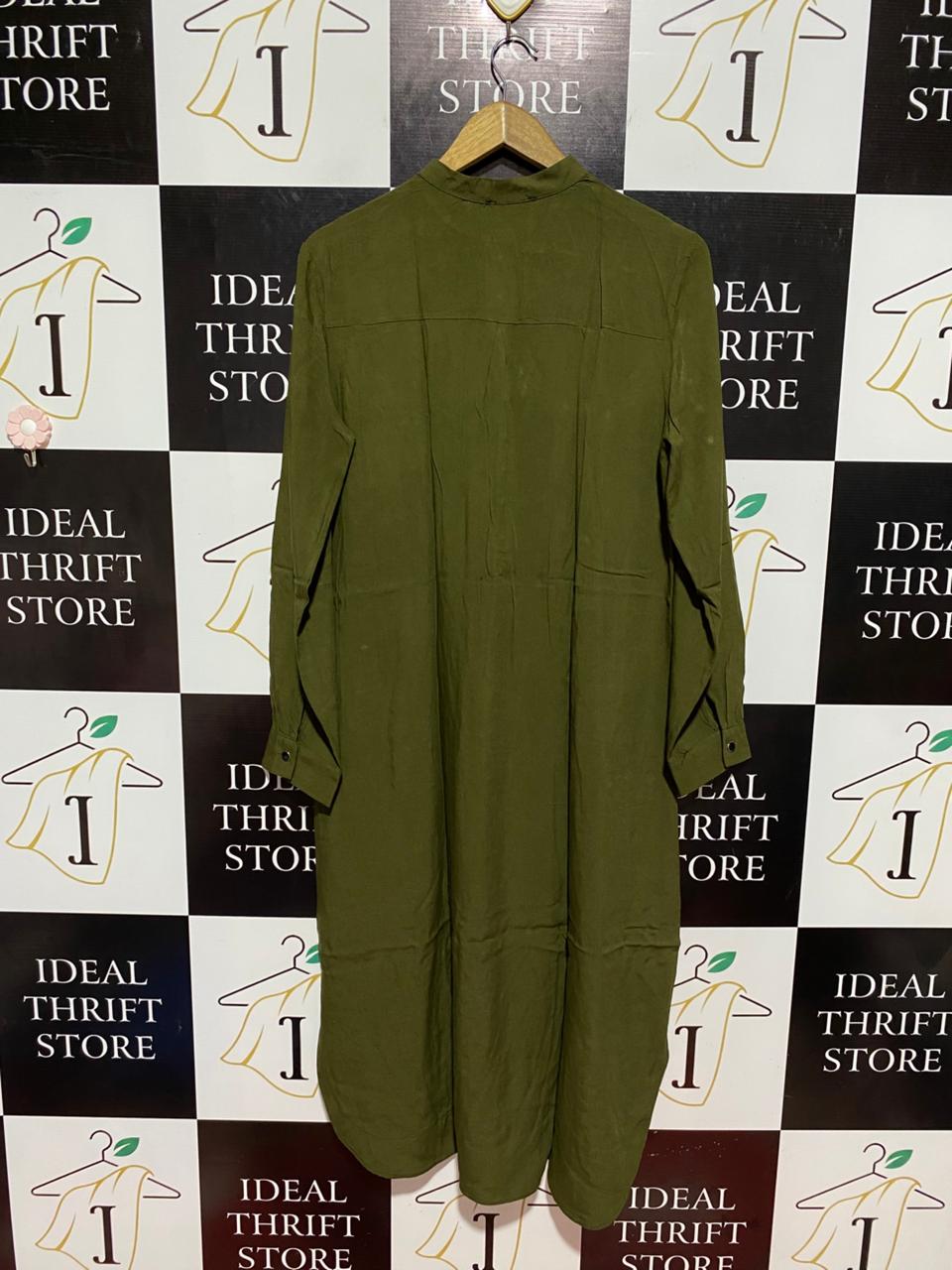 ZENANE |L| BUST 21| B8| CLASSIC OLIVE GREEN BUTTON-DOWN MANDARIN COLLAR MIDI DRESS