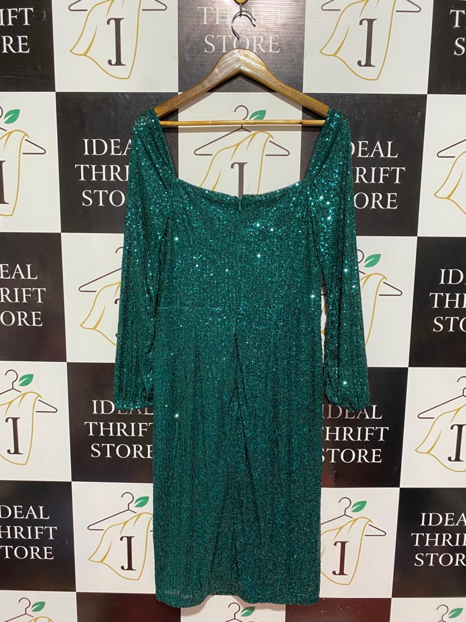 SOSANDAR |M| BUST 16| B8| LUXURIOUS EMERALD GREEN SEQUIN SQUARE NECK COCKTAIL DRESS