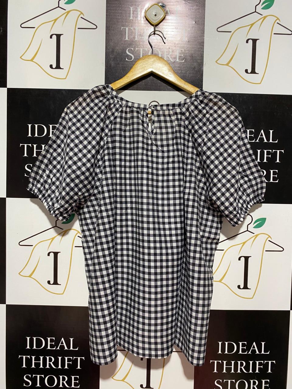 M&S |L| BUST 24| B8| BLACK AND WHITE GINGHAM PUFF SLEEVE BLOUSE