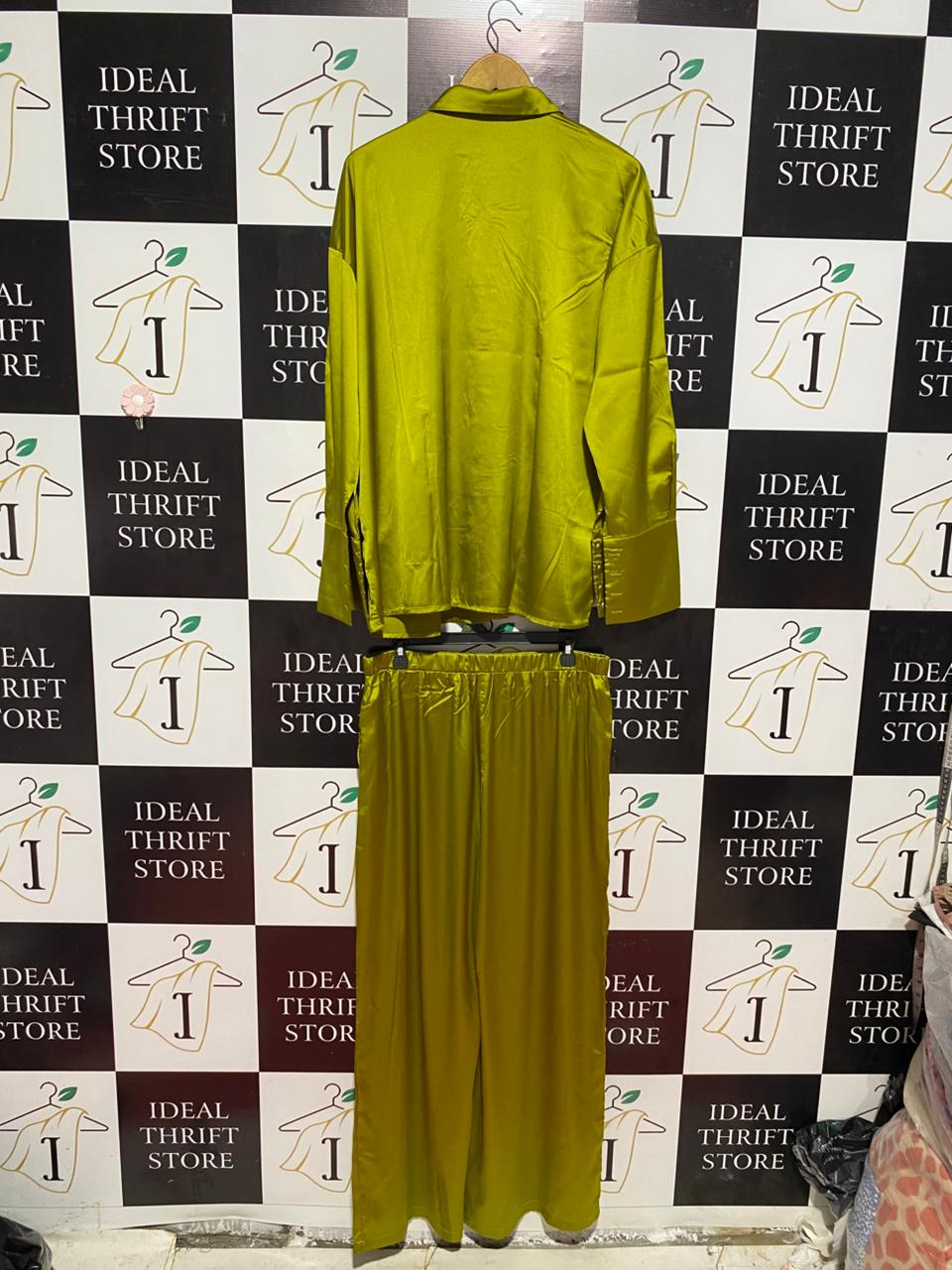 SOPHISTICATED OLIVE GREEN SATIN CO-ORD LOUNGE SET |XXL| B7|