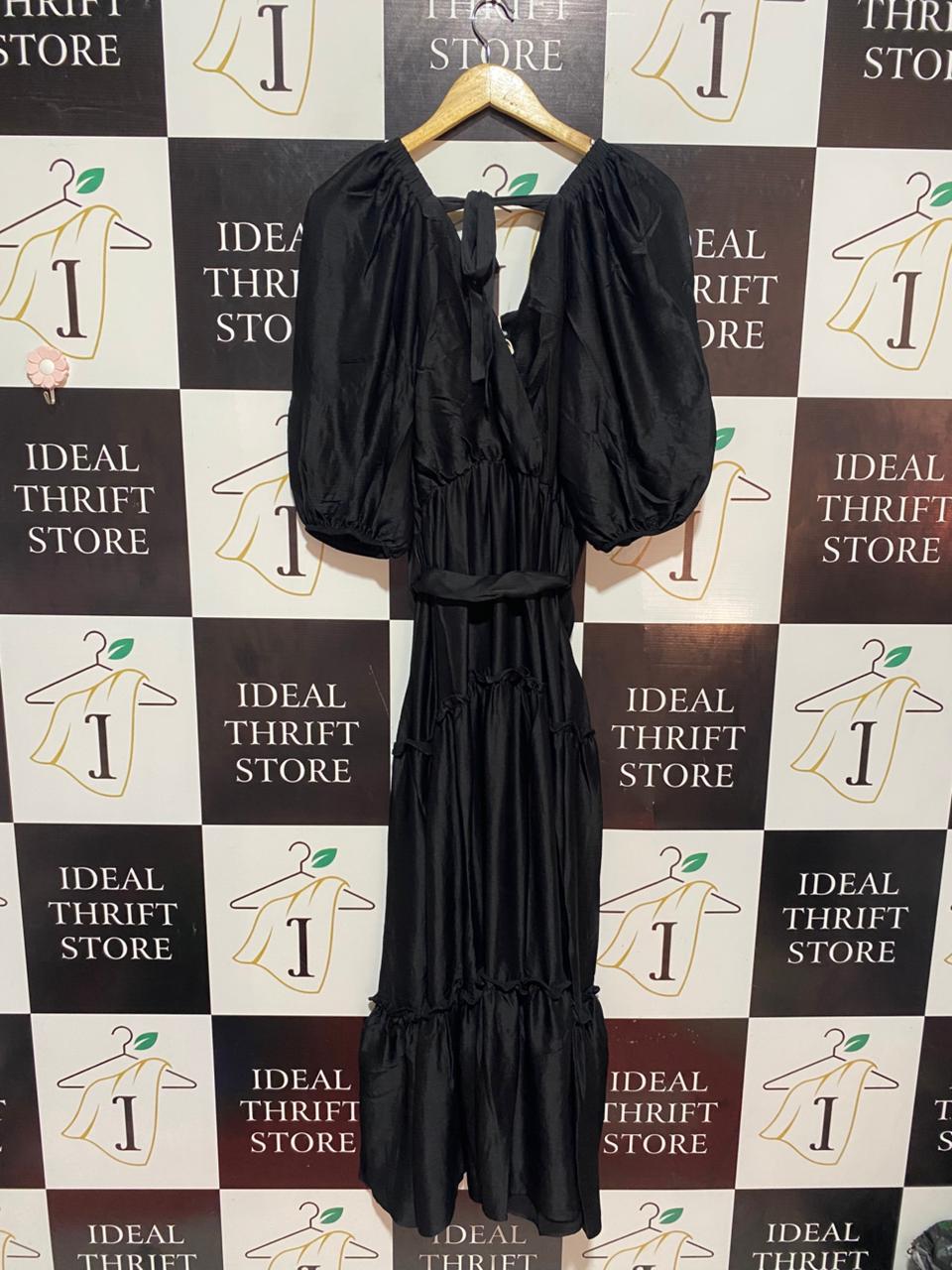 NEXT |M| BUST 17| B8| BLACK SATIN PUFF SLEEVE TIERED MIDI DRESS