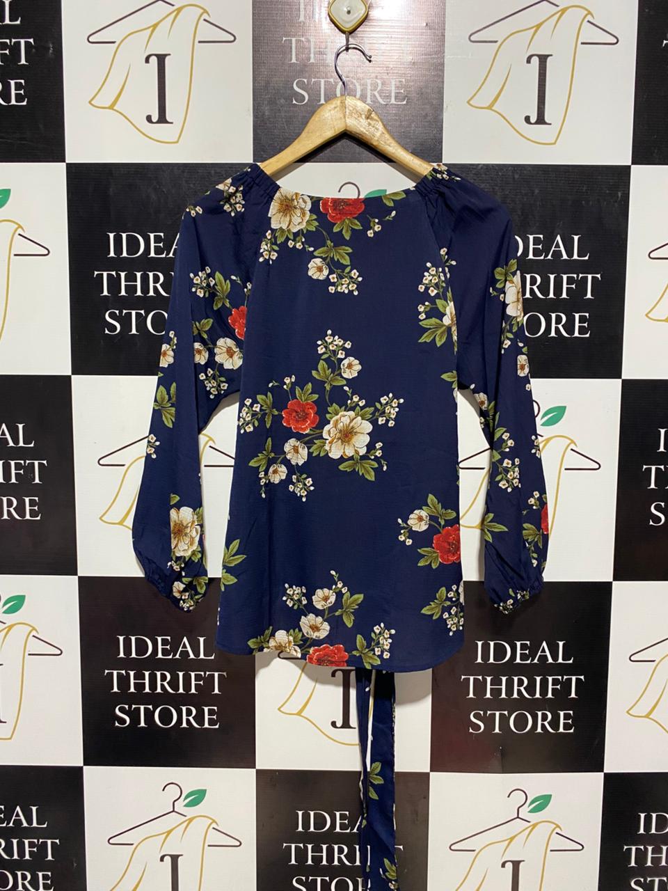 |M| BUST 20| B9| ELEGANT NAVY BLUE FLORAL PRINT WAIST-TIE BLOUSE