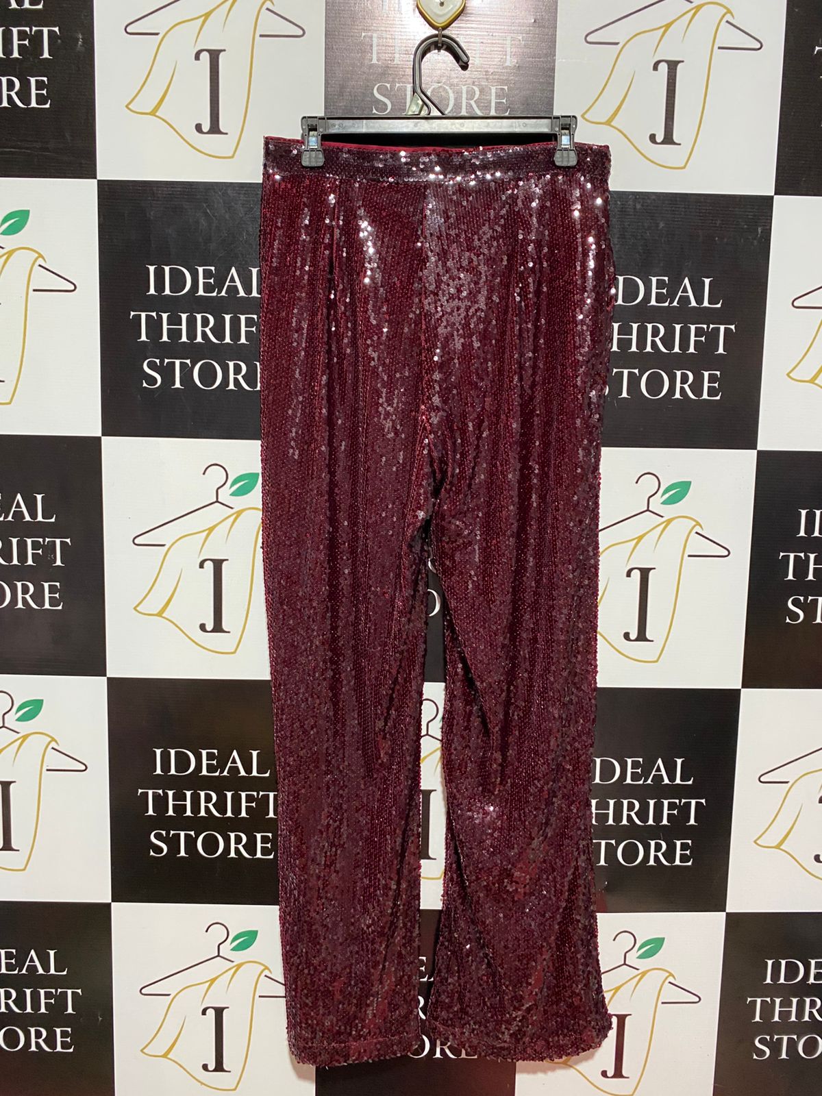PRIMARK |L| WAIST 30| B9| LUXURY BURGUNDY SEQUIN HIGH-WAISTED WIDE-LEG PARTY TROUSERS