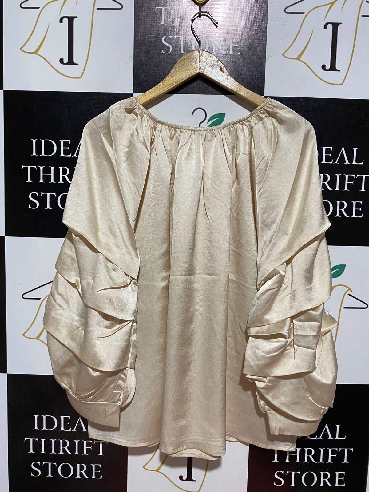 DIVERSE |L| BUST 26| B9| LUXURY CHAMPAGNE SATIN MULTI-LAYER RUFFLE SLEEVE BLOUSE