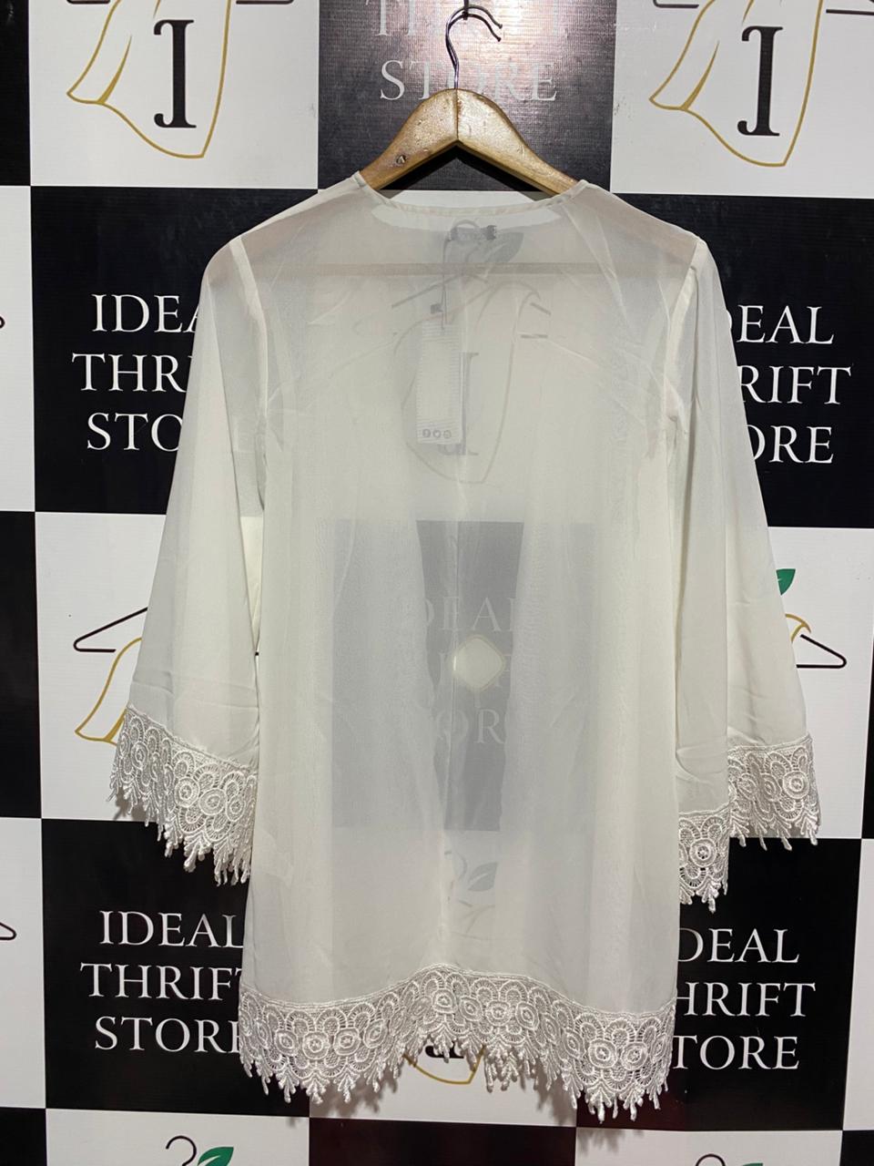 BOOHOO |S| BUST 16 | B9| WHITE SHEER LACE TRIM KIMONO CARDIGAN