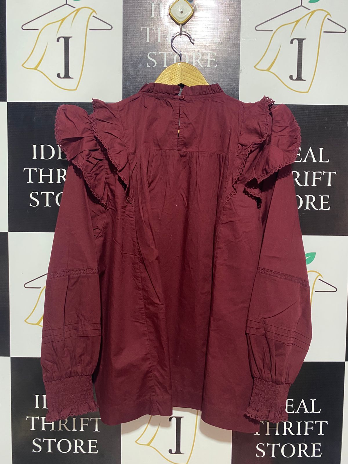 FINERY |M| WAIST 28| B9| THEORY LUXE BURGUNDY RUFFLED BOHEMIAN BLOUSE FOR WOMEN
