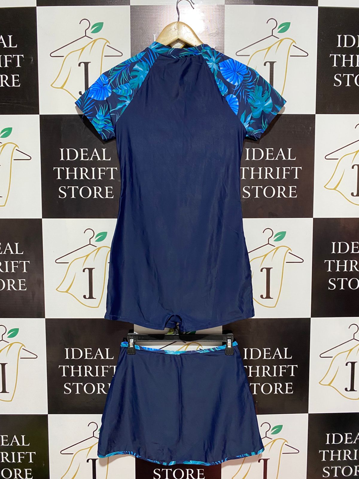 | S| B10| TROPICAL FLORAL ZIP-UP SWIMSUIT SET WITH MATCHING SKIRT - NAVY BLUE