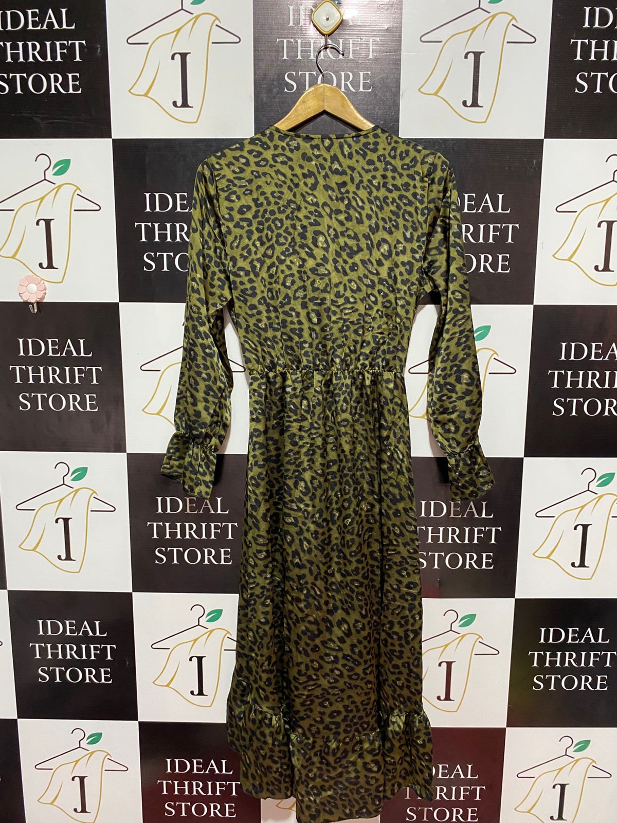 DS DRESSING | M| BUST 19 | B10 | OLIVE LEOPARD PRINT FAUX WRAP MIDI DRESS