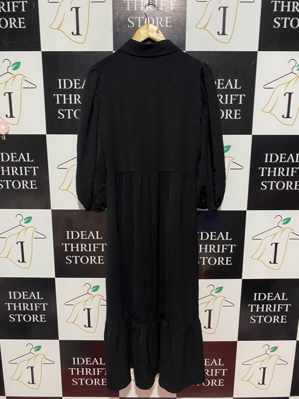 DUSK |M| BUST 19| B10| BLACK BUTTON-DOWN PUFF SLEEVE MAXI DRESS