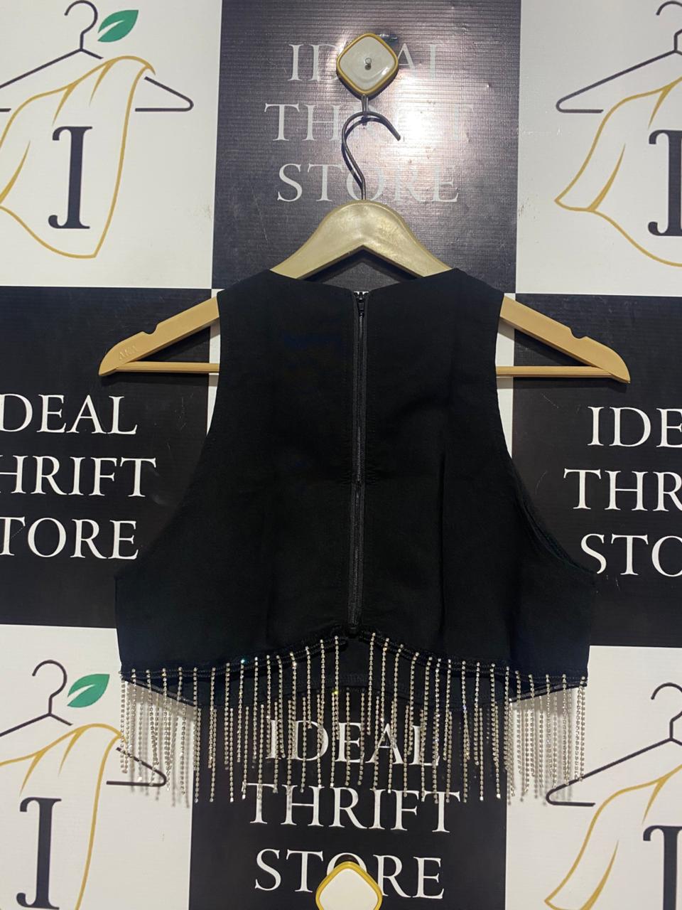 SHEIN |M| BUST 17| B9| BLACK RACERBACK CROP TOP WITH RHINESTONE FRINGE