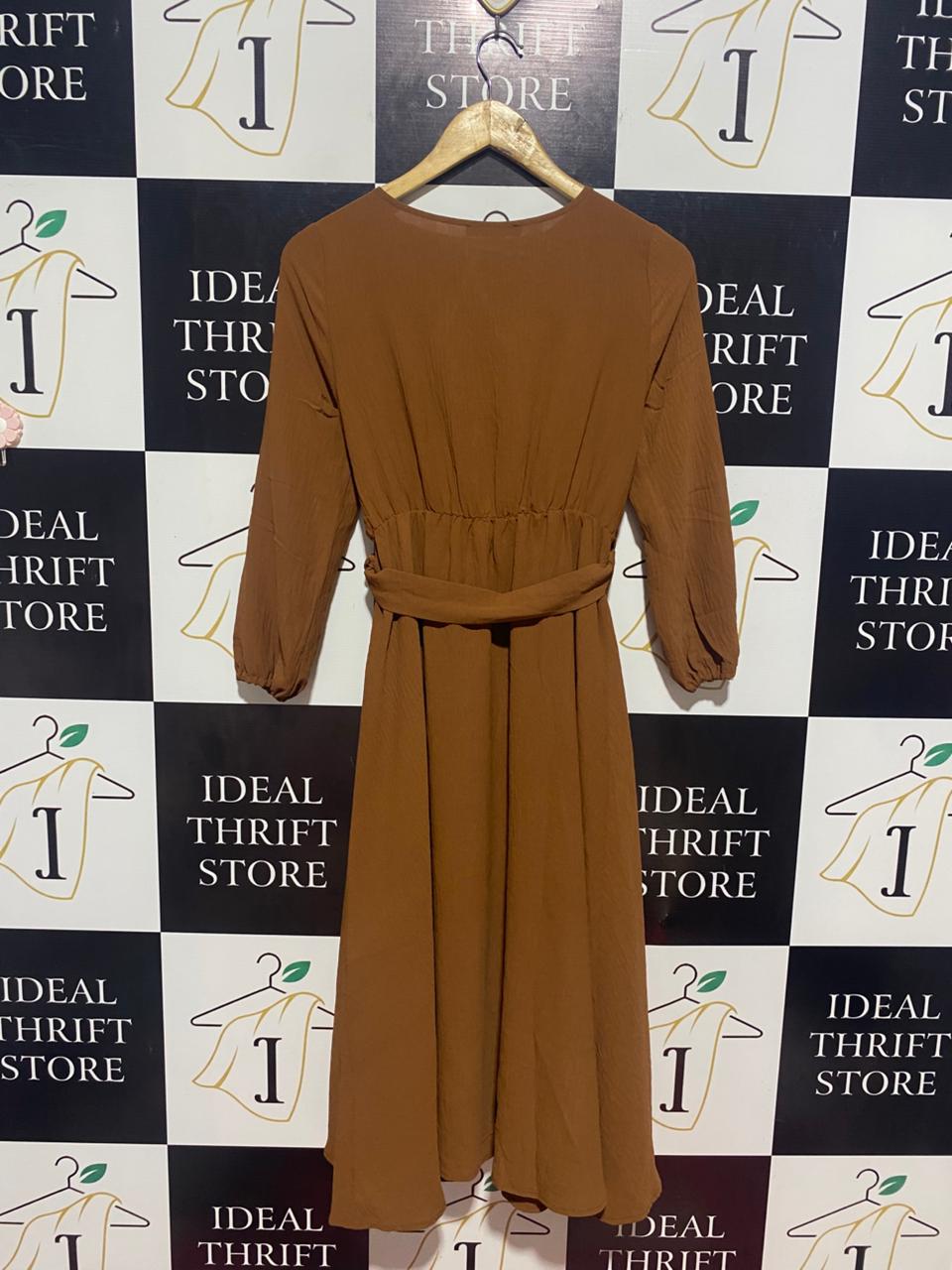 SHEIN |S| BUST 16| B9| ELEGANT RUST BROWN LONG SLEEVE WRAP MIDI DRESS