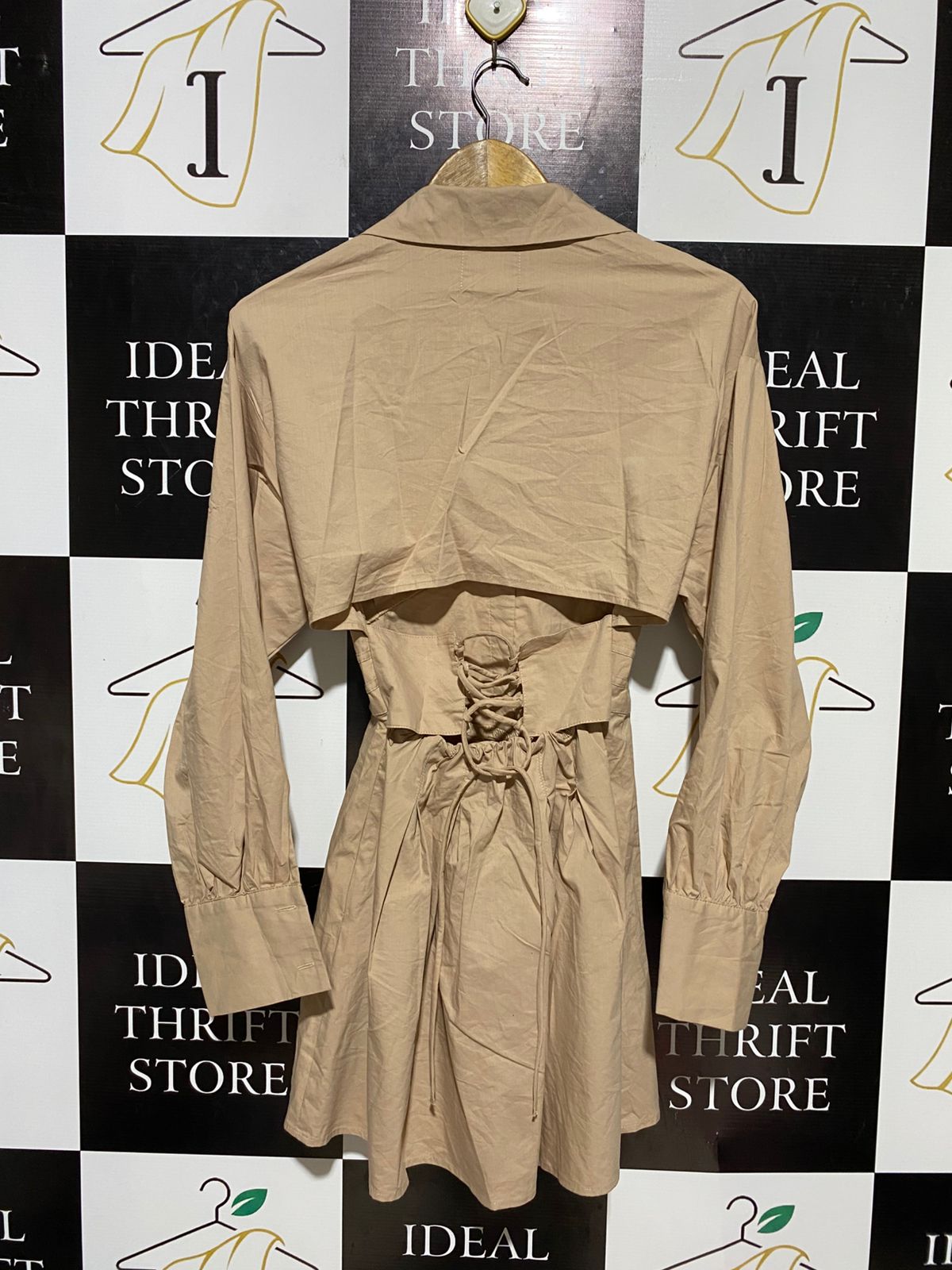 BERSHKA |S| BUST 14| B10| WOMEN'S CORSET-STYLE LONG SLEEVE MINI SHIRT DRESS BEIGE