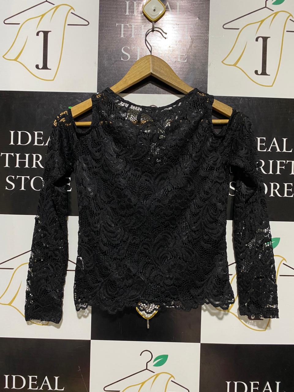 AMBIANCE |S| BUST 15| B10| WOMEN’S BLACK FLORAL LACE COLD-SHOULDER LONG SLEEVE TOP