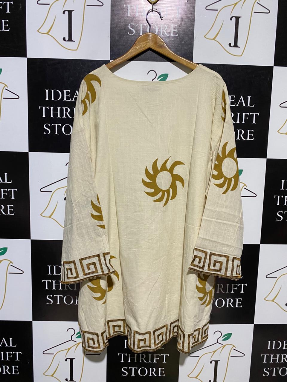 PETAL PUP |XL| BUST 26| B11| SUN PRINT GREEK KEY TRIM LINEN BLOUSE
