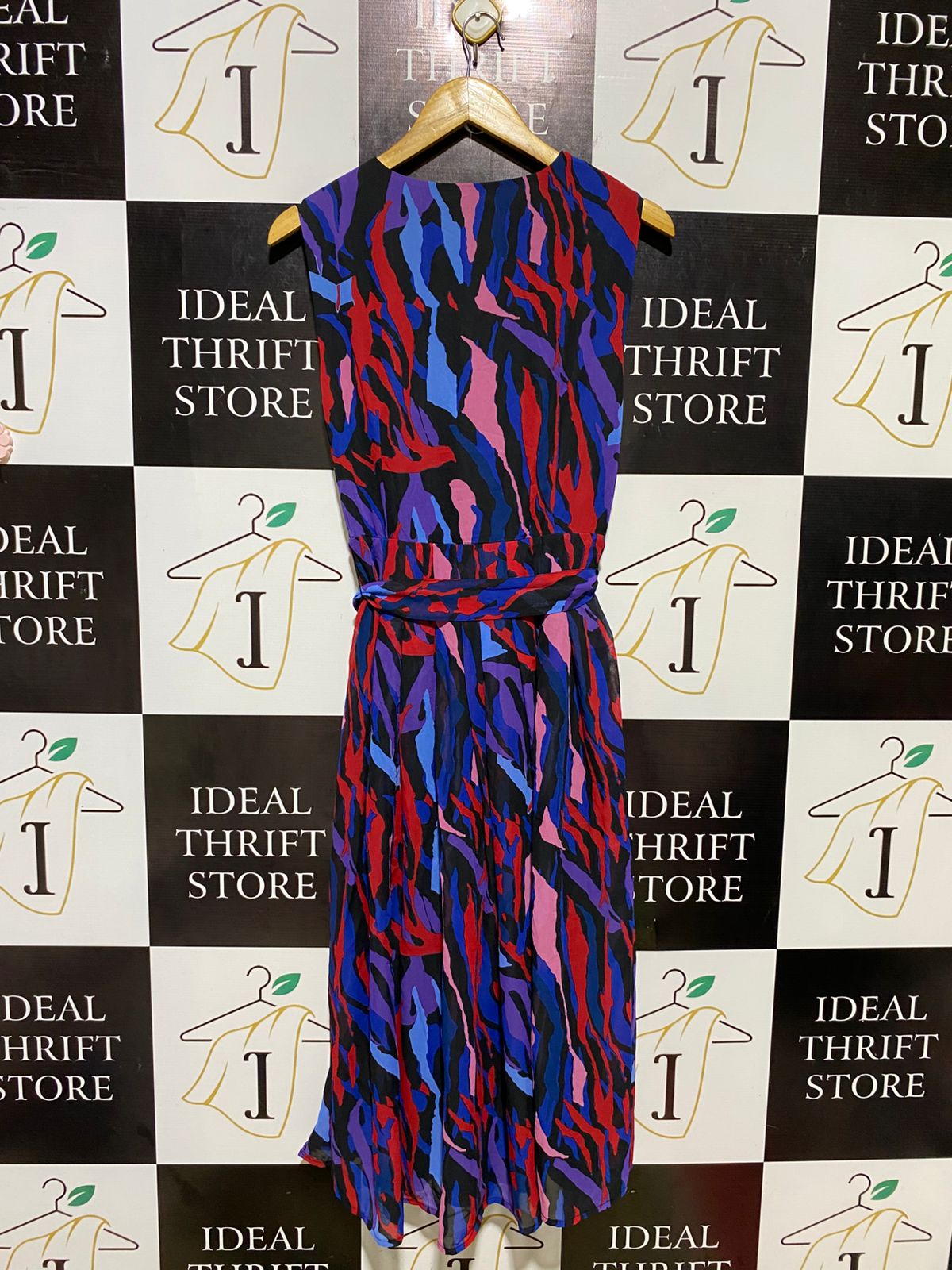 LIZ JORDAN | S| BUST 16| B11| SLEEVELESS V-NECK ABSTRACT PRINT MIDI DRESS WITH WAIST TIE