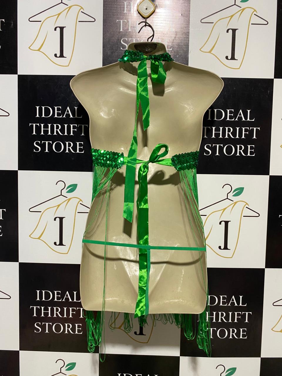 |M| BUST 15| B11| VIBRANT EMERALD GREEN SEQUIN FRINGE HALTER MINI DRESS & MATCHING SET