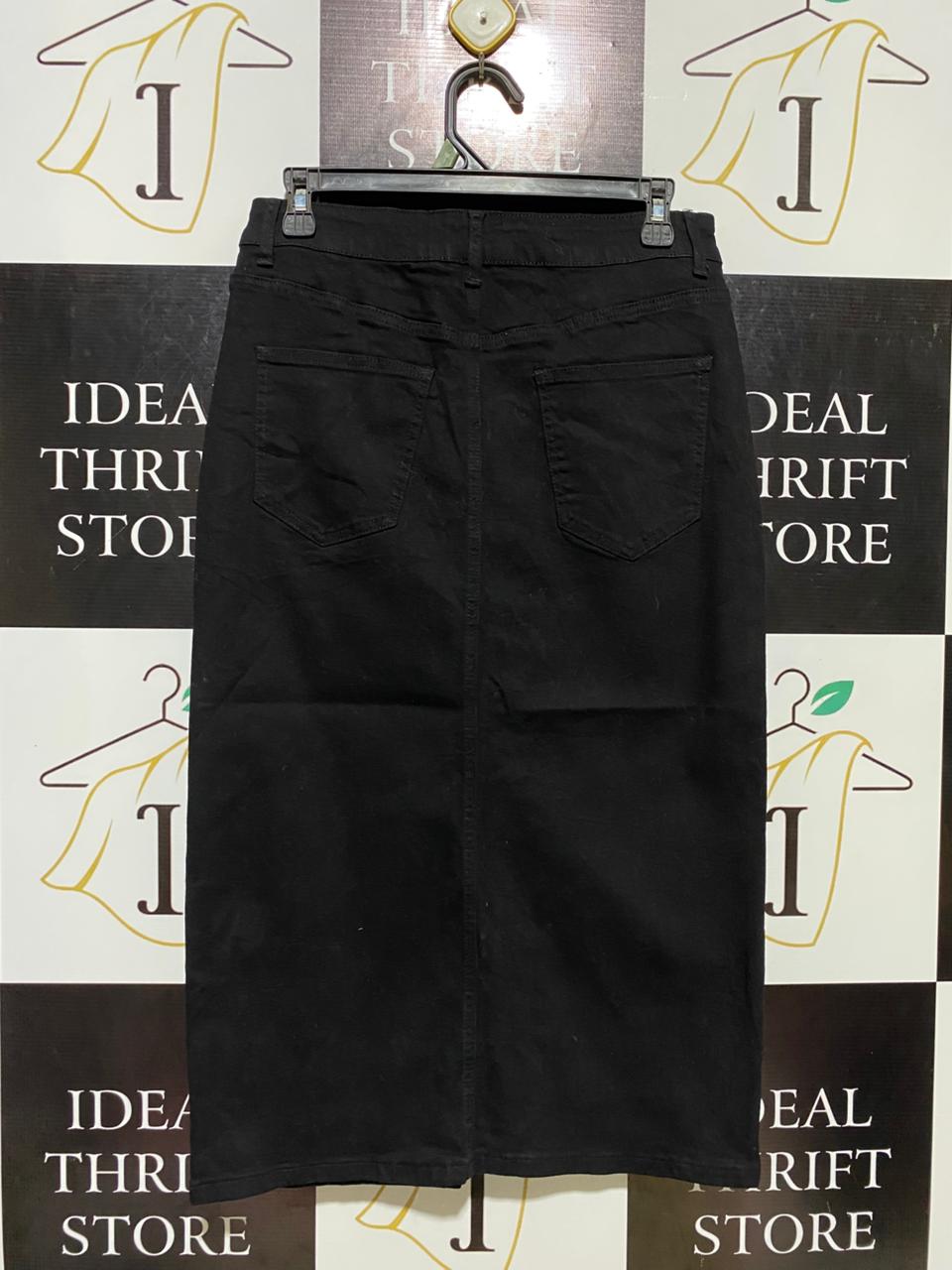 VALLEY GIRL |L| WAIST 30| B11| CLASSIC BLACK DENIM MIDI SKIRT WITH FRONT SLIT