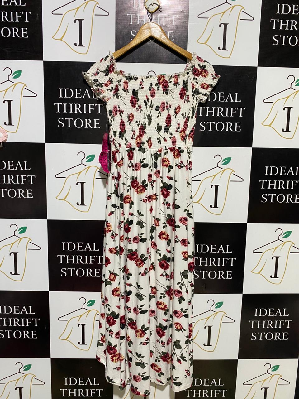 J FOR JUSTIFY |S| BUST 14| B11| FLORAL SMOCKED OFF-SHOULDER HIGH-LOW MAXI DRESS
