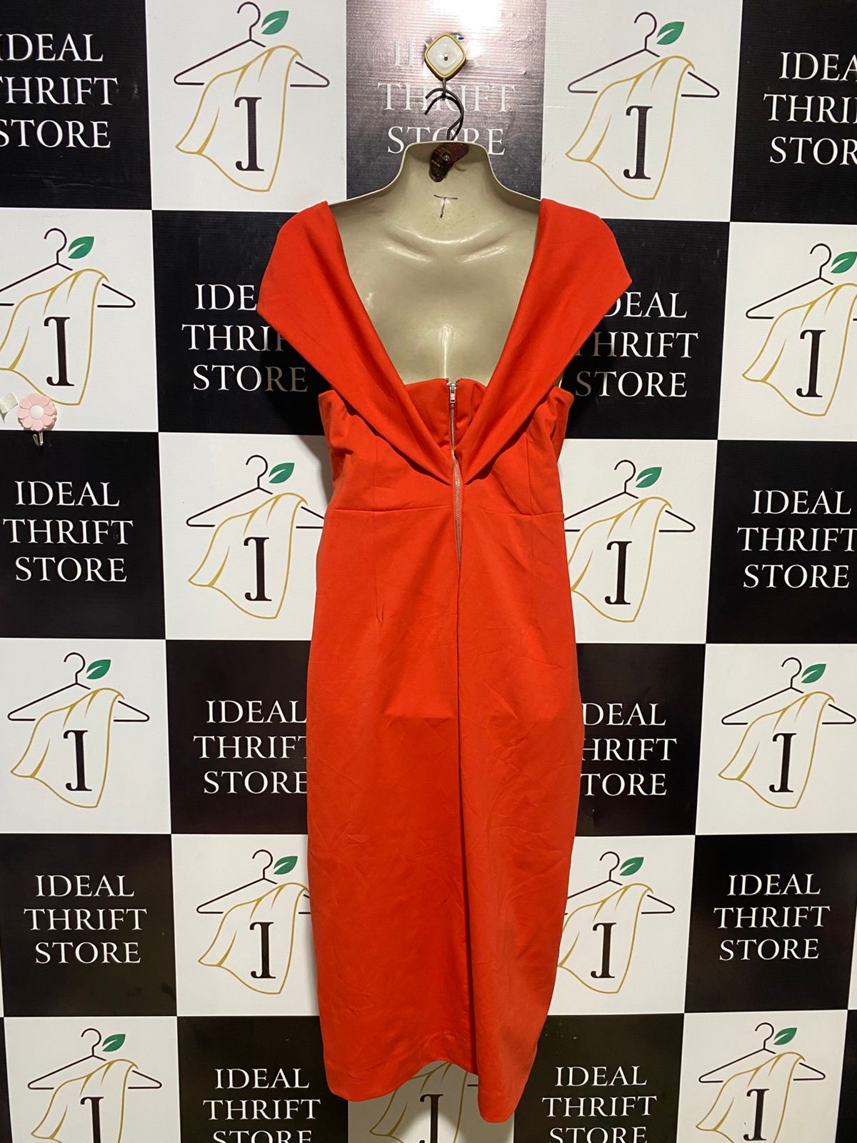 ATMOS & HERE |L| BUST 19| B23| VIBRANT ORANGE OFF-THE-SHOULDER BELTED MIDI COCKTAIL DRESS